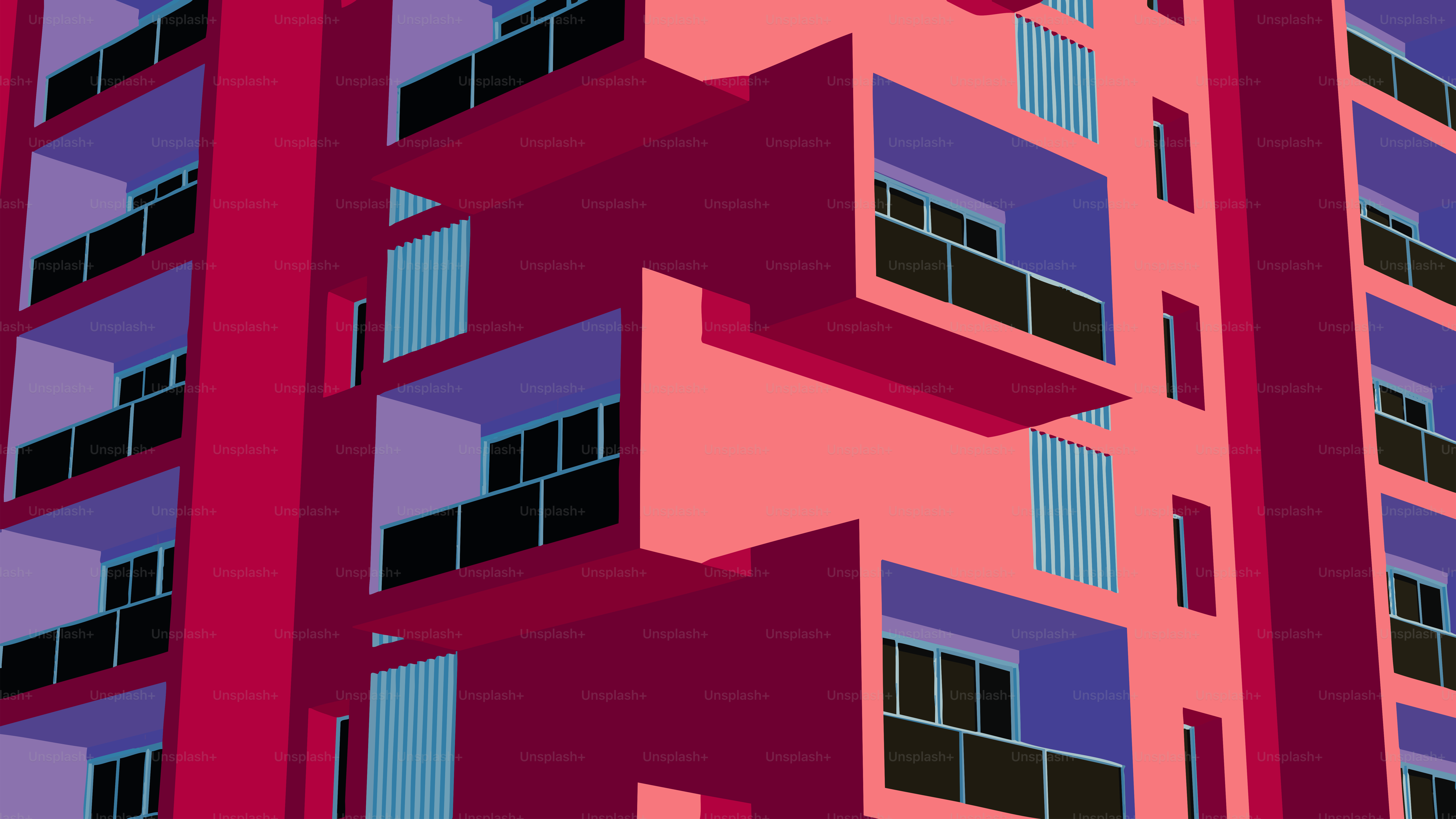 バルコニーと窓のあるモダンなピンク色の建物。