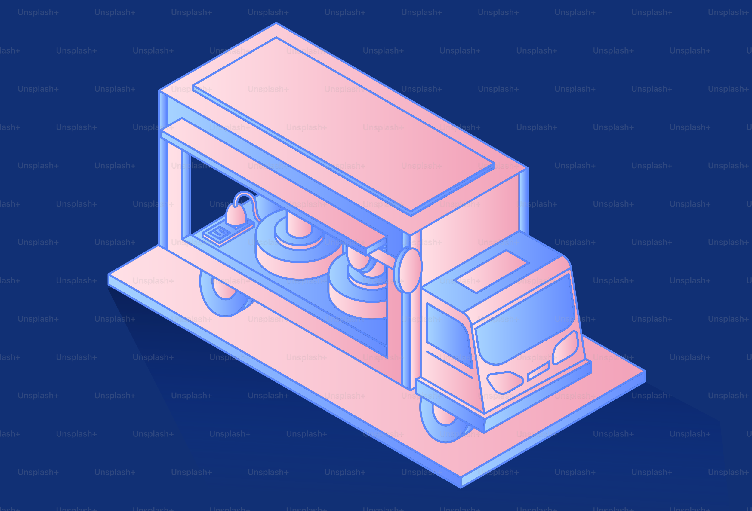 Isometrischer Foodtruck mit pinker und blauer Beleuchtung