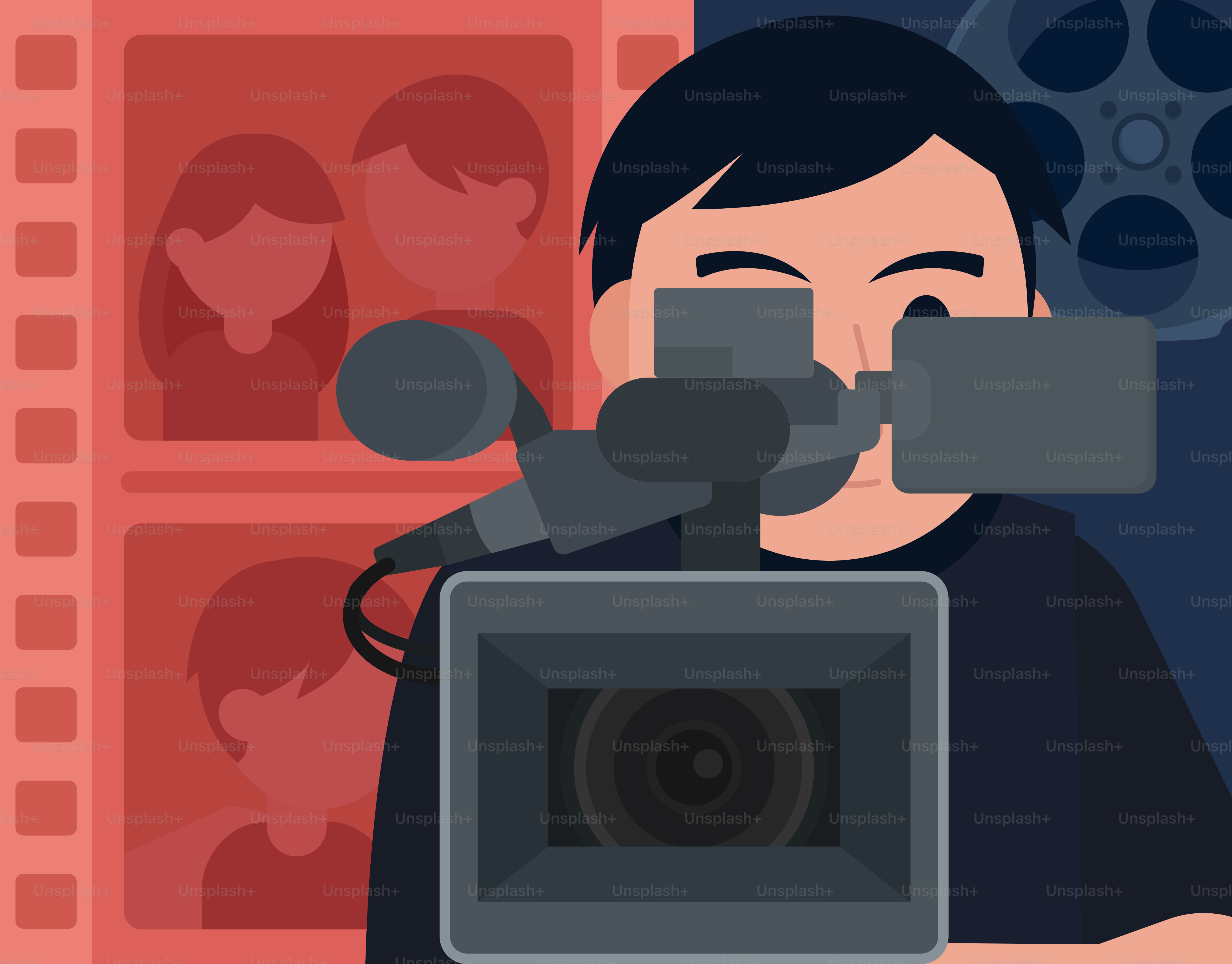 Filmmaker operating a video camera with film reel background