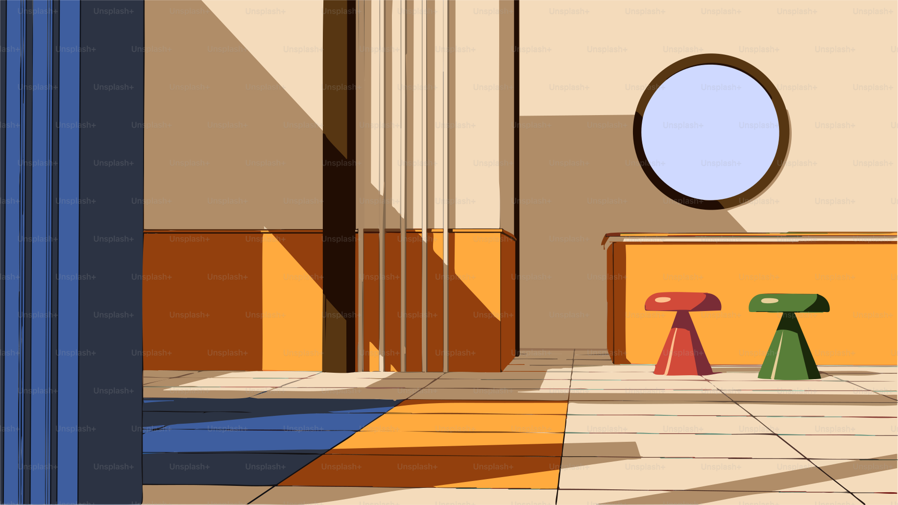 Modern room with geometric shapes and two stools