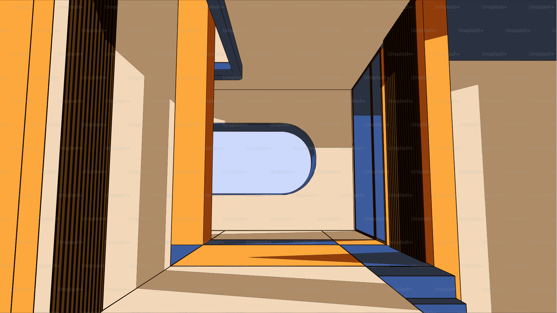 Abstract hallway with geometric shapes and shadows