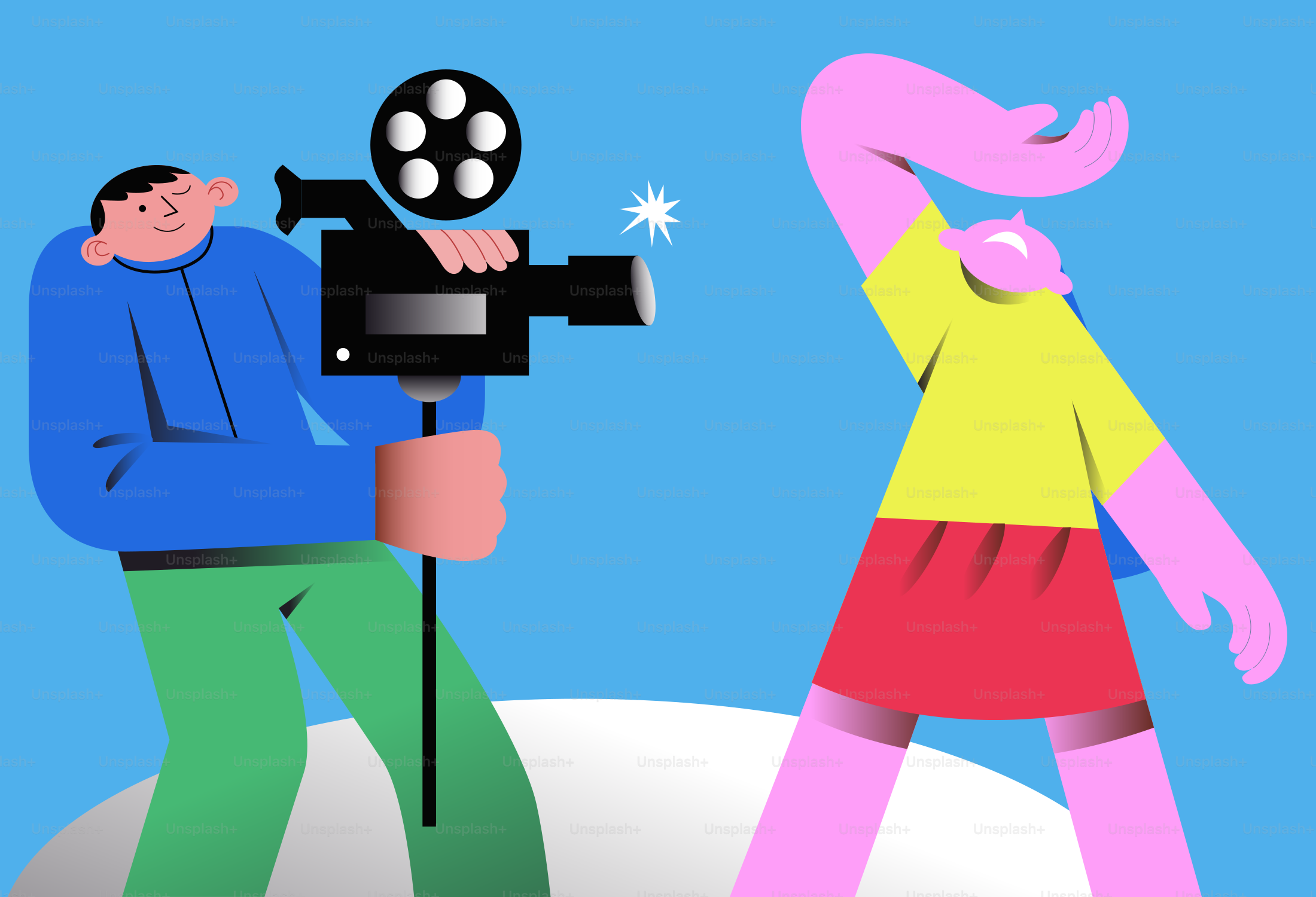 영화 제작자가 파란색 배경 앞에서 춤추는 사람을 녹화합니다