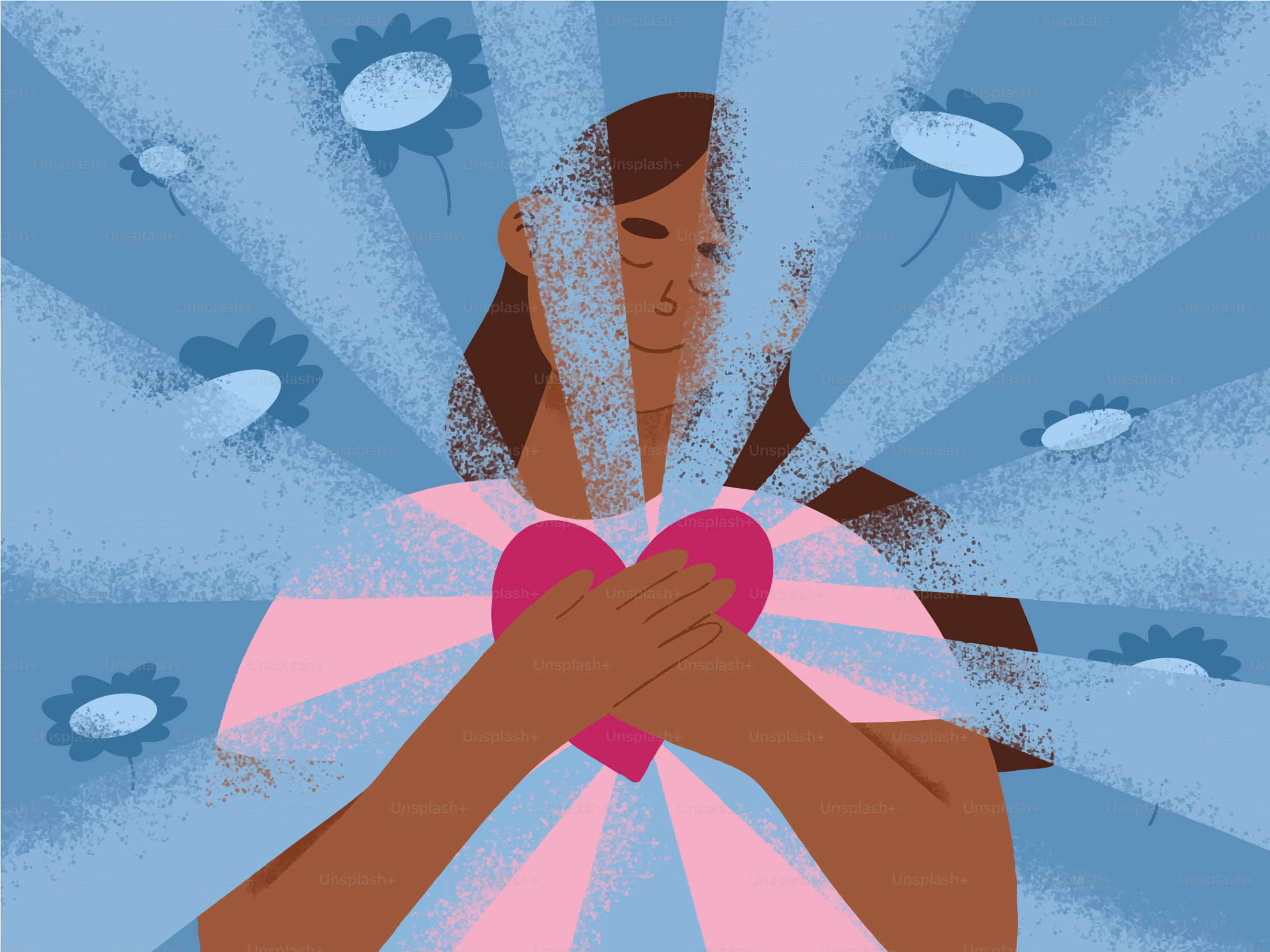 Mujer con símbolo de corazón irradiando luz