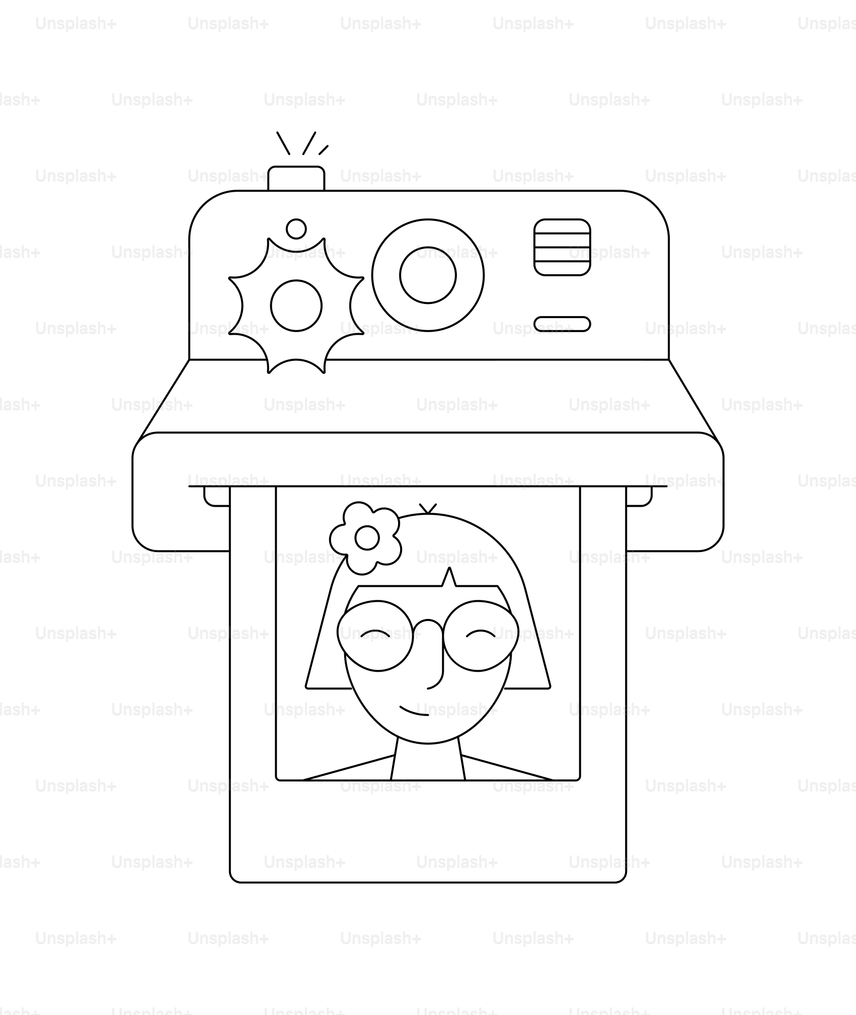 Instant camera printing a portrait of a smiling person.