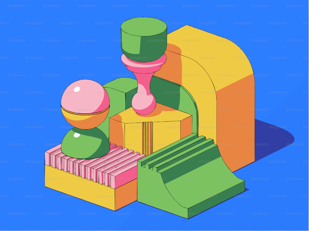 Formas geométricas abstractas en colores vibrantes sobre azul