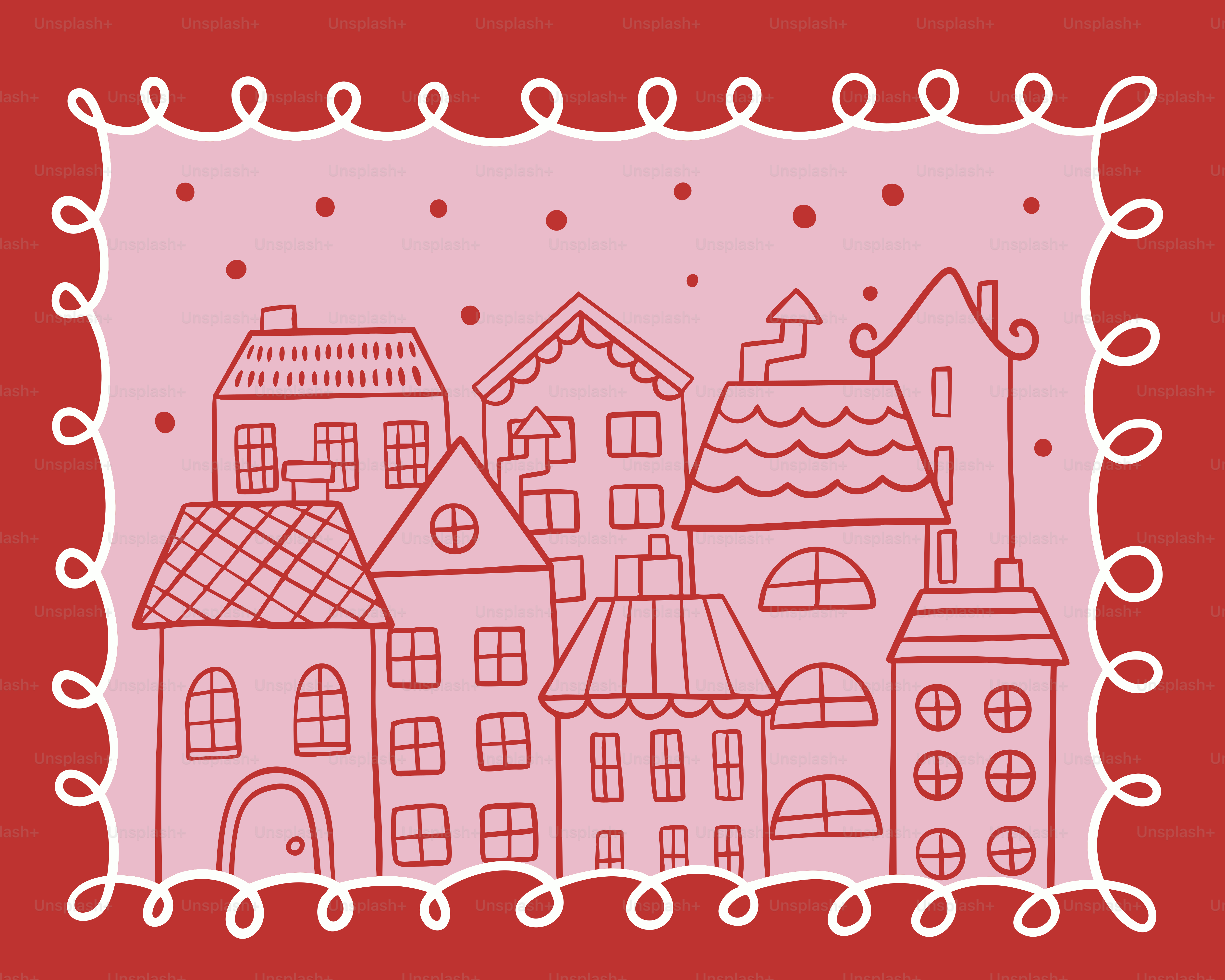 Una fila caprichosa de casas rosas con bordes decorativos.