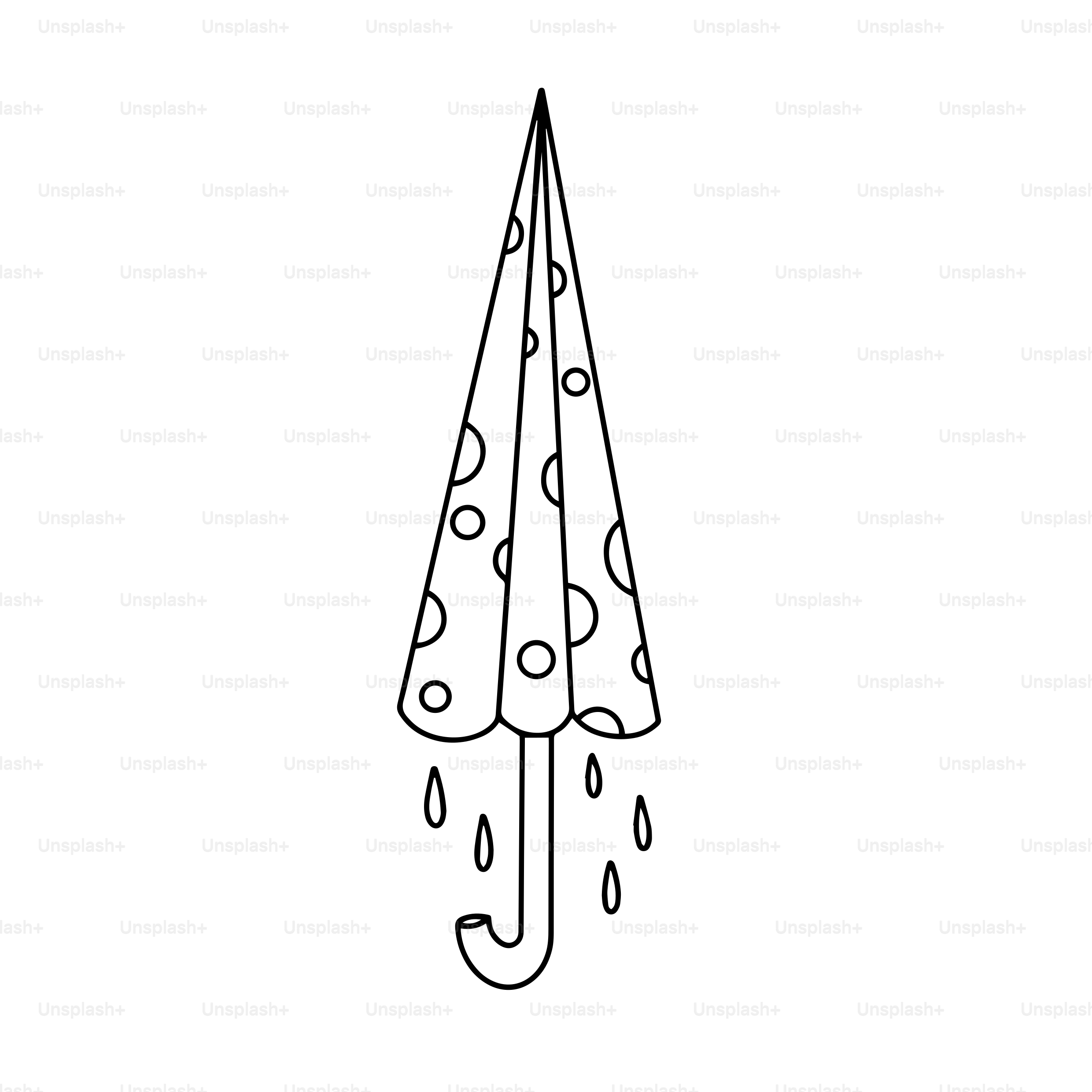 A closed umbrella with polka dots and rain drops.