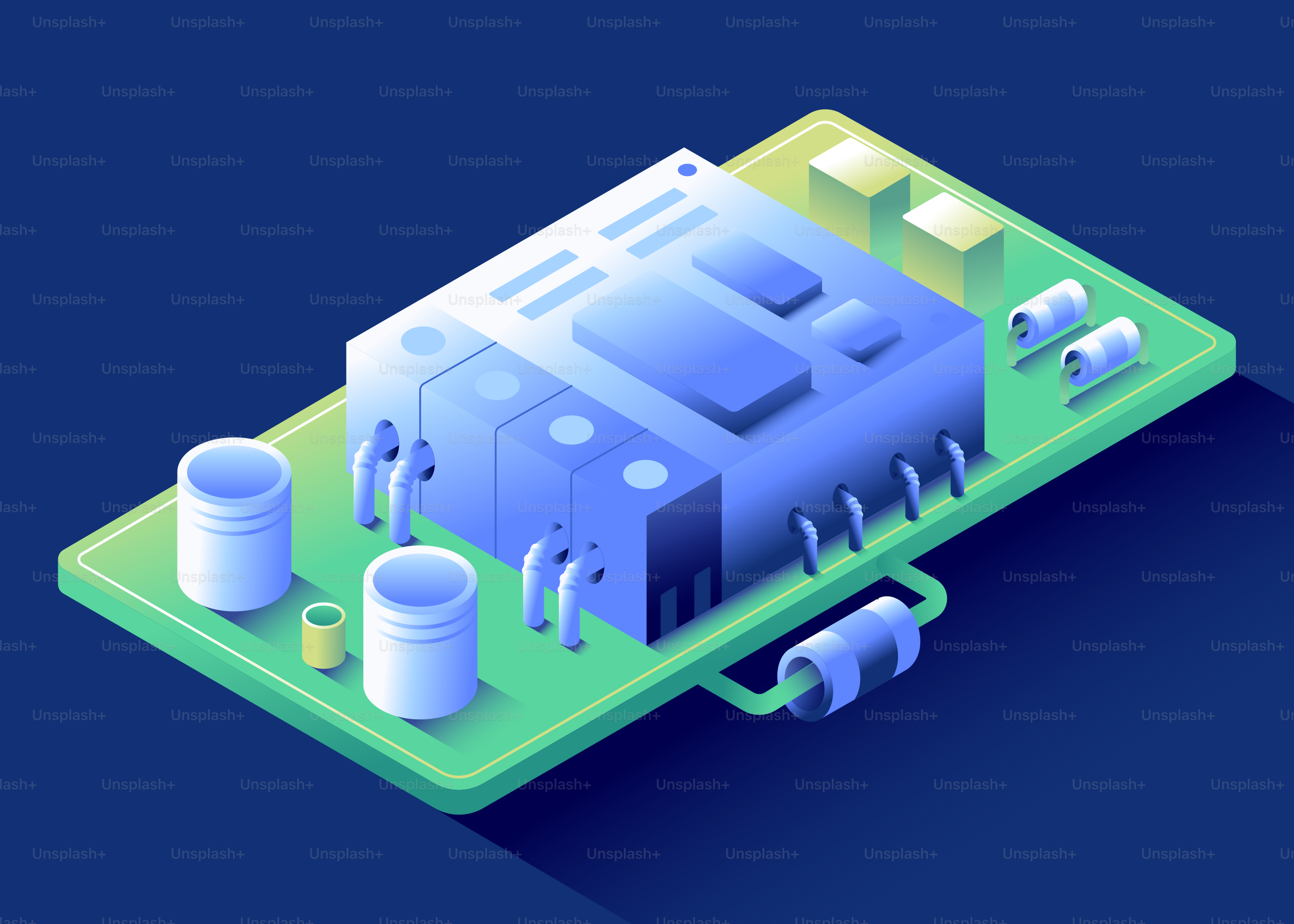 Isometric view of a futuristic electronic circuit board.
