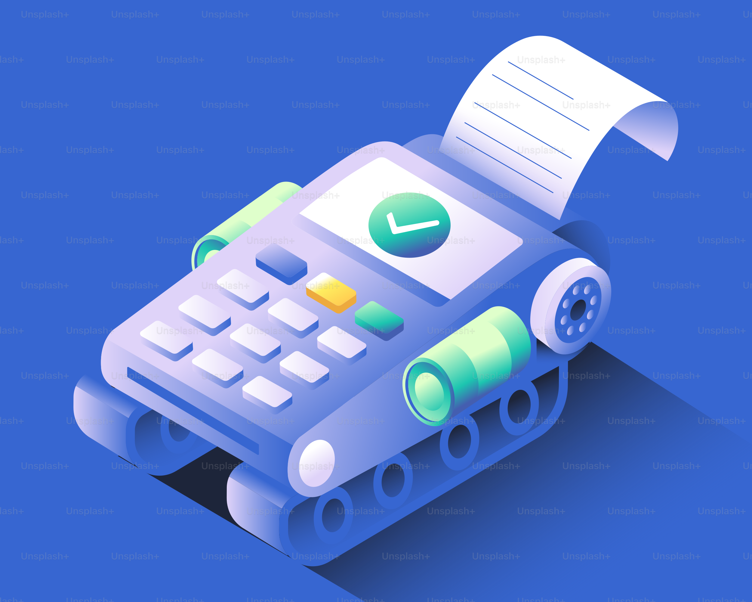 A credit card machine with a receipt on blue background