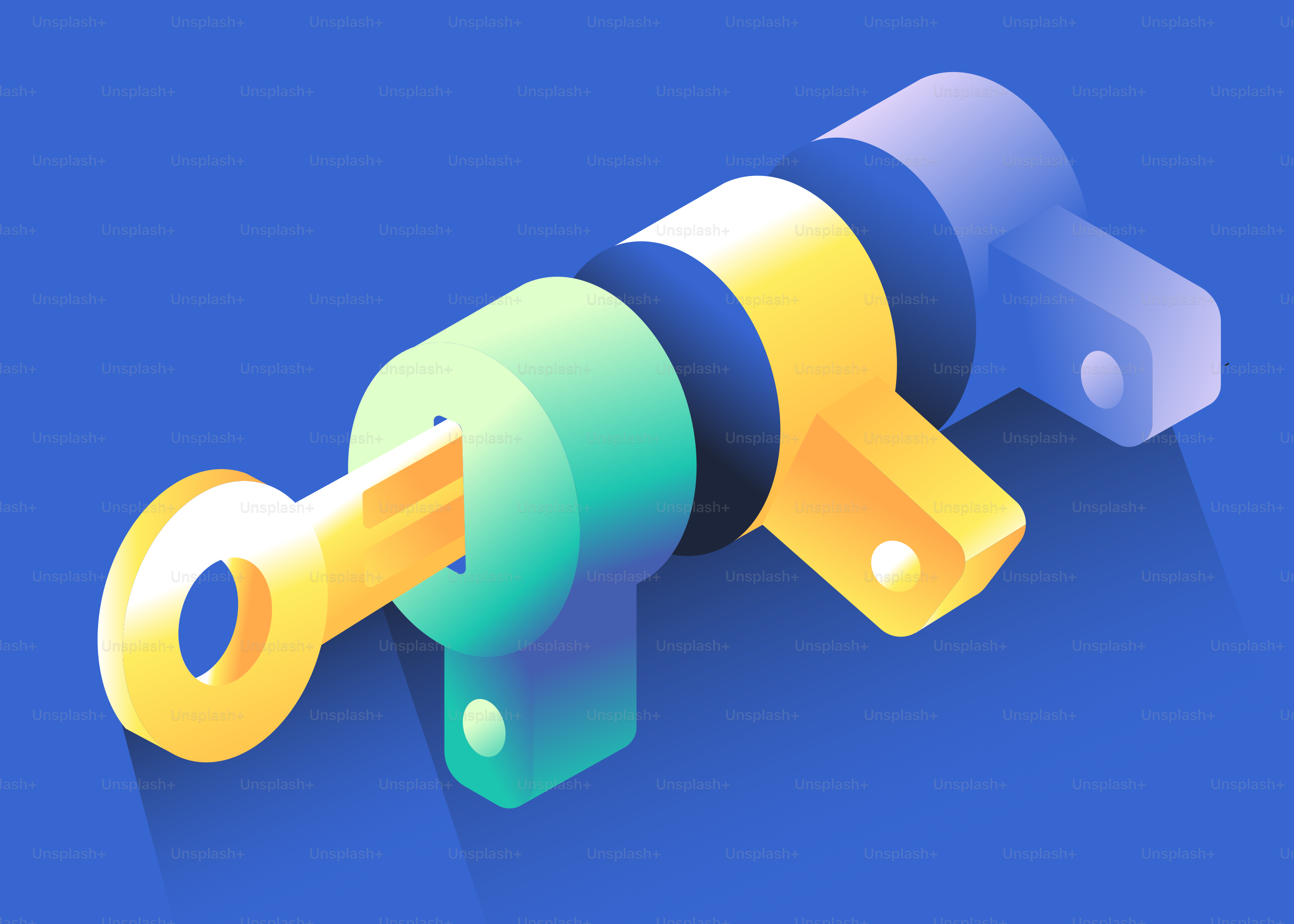 A stylized, colorful hydraulic cylinder with a key.