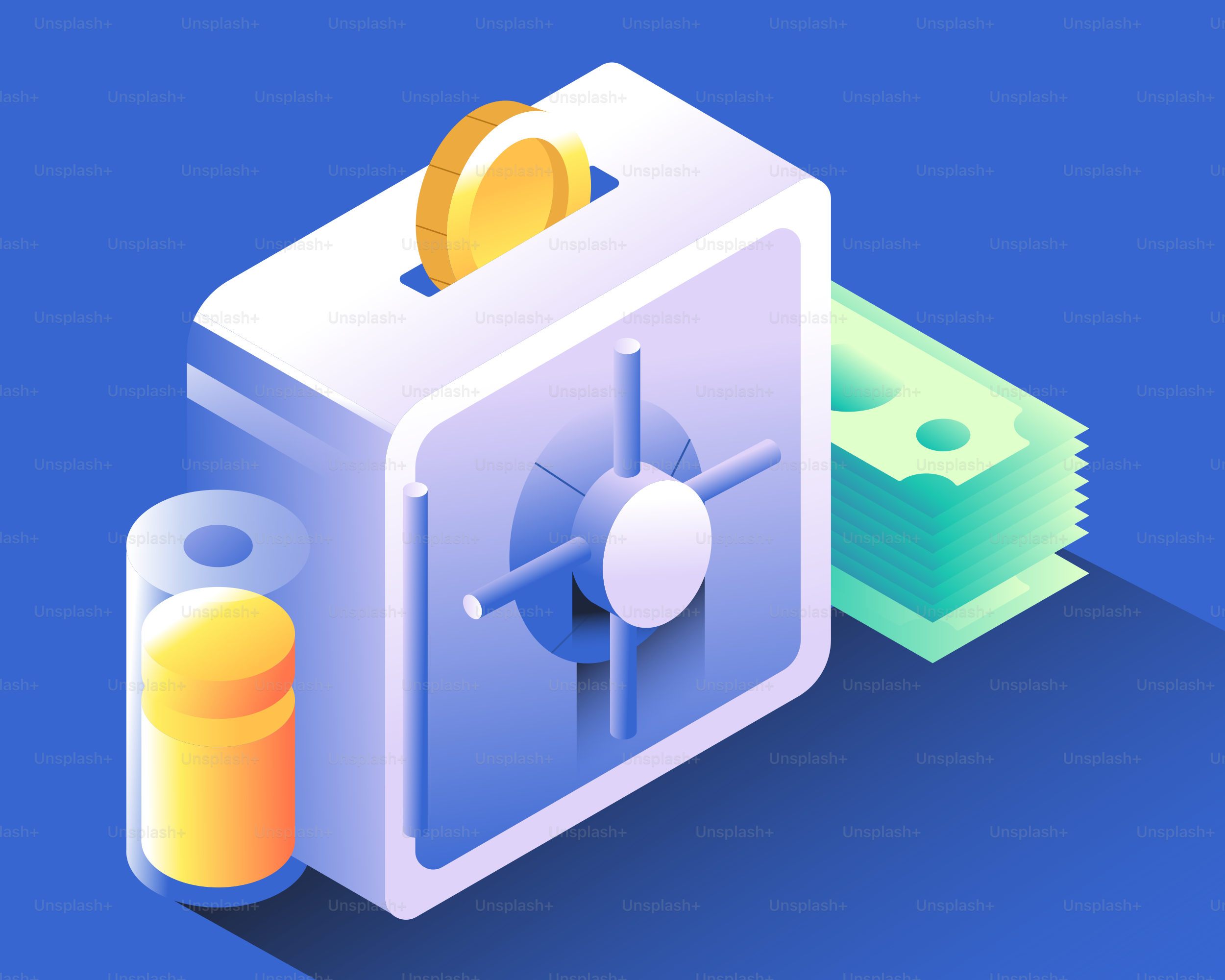 A safe with coins and cash on a blue background