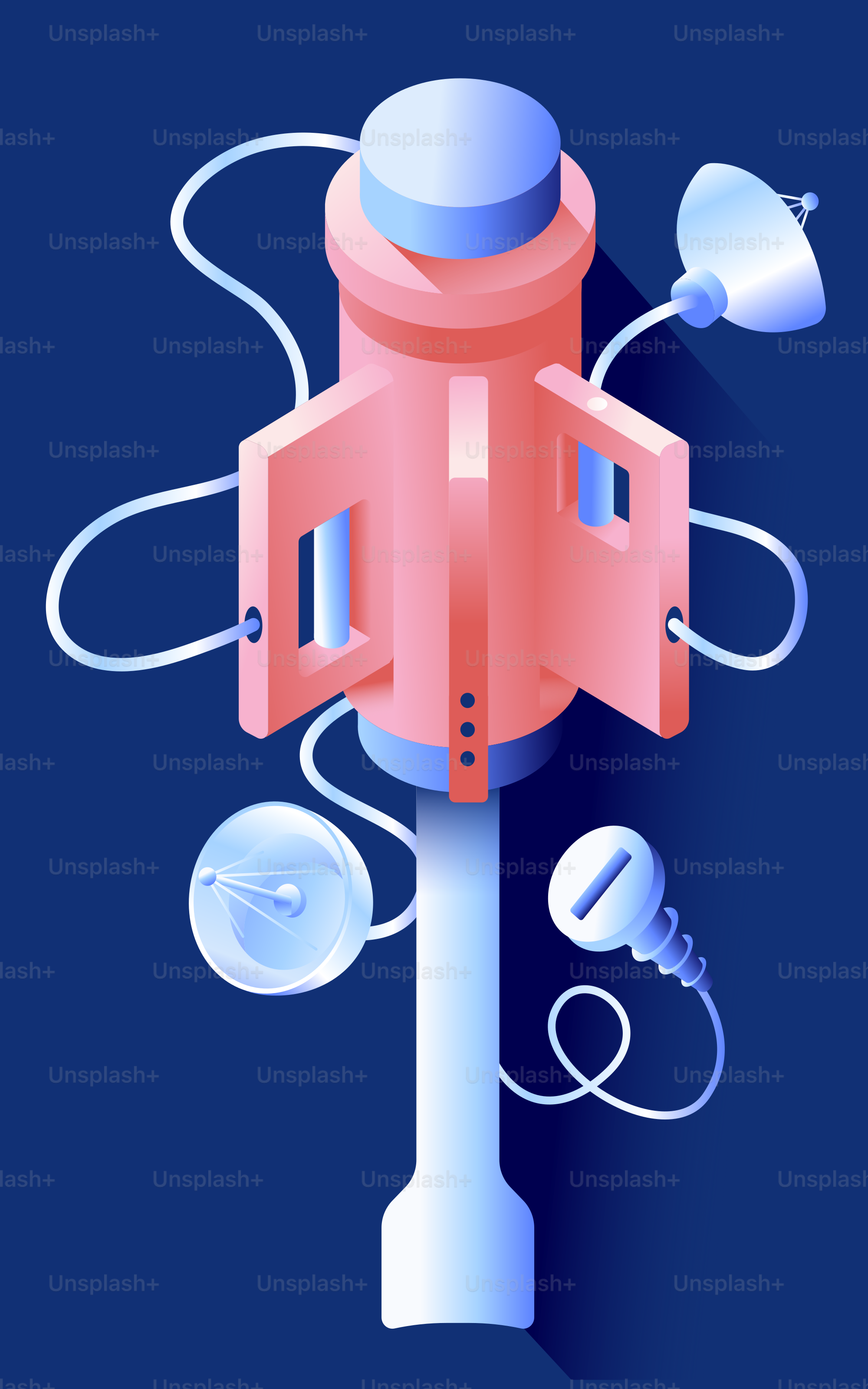 Parabola satellitare futuristica e antenna su sfondo blu