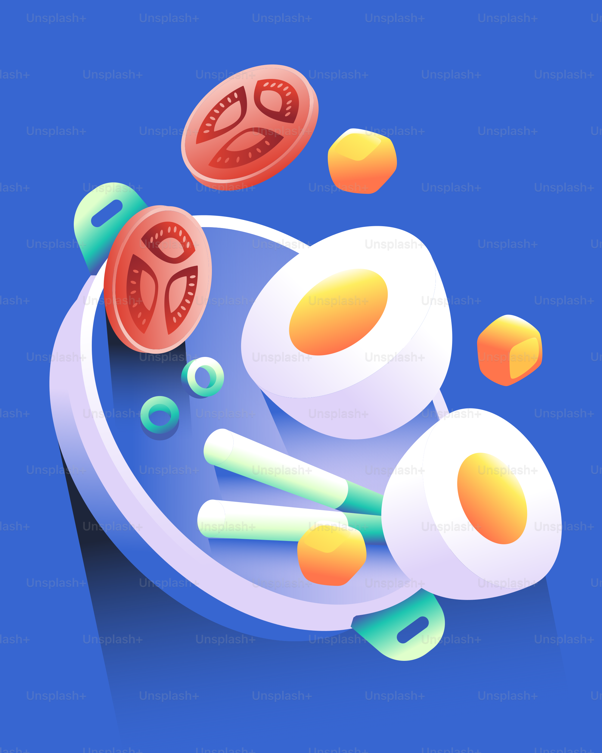 Boiled eggs and tomatoes with green onions on a plate.
