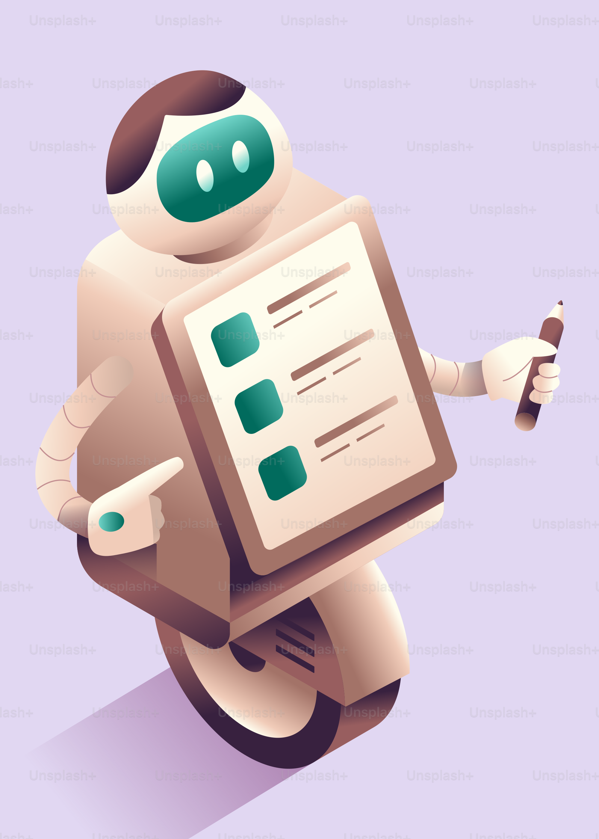 Robot with checklist and pen on a single wheel.