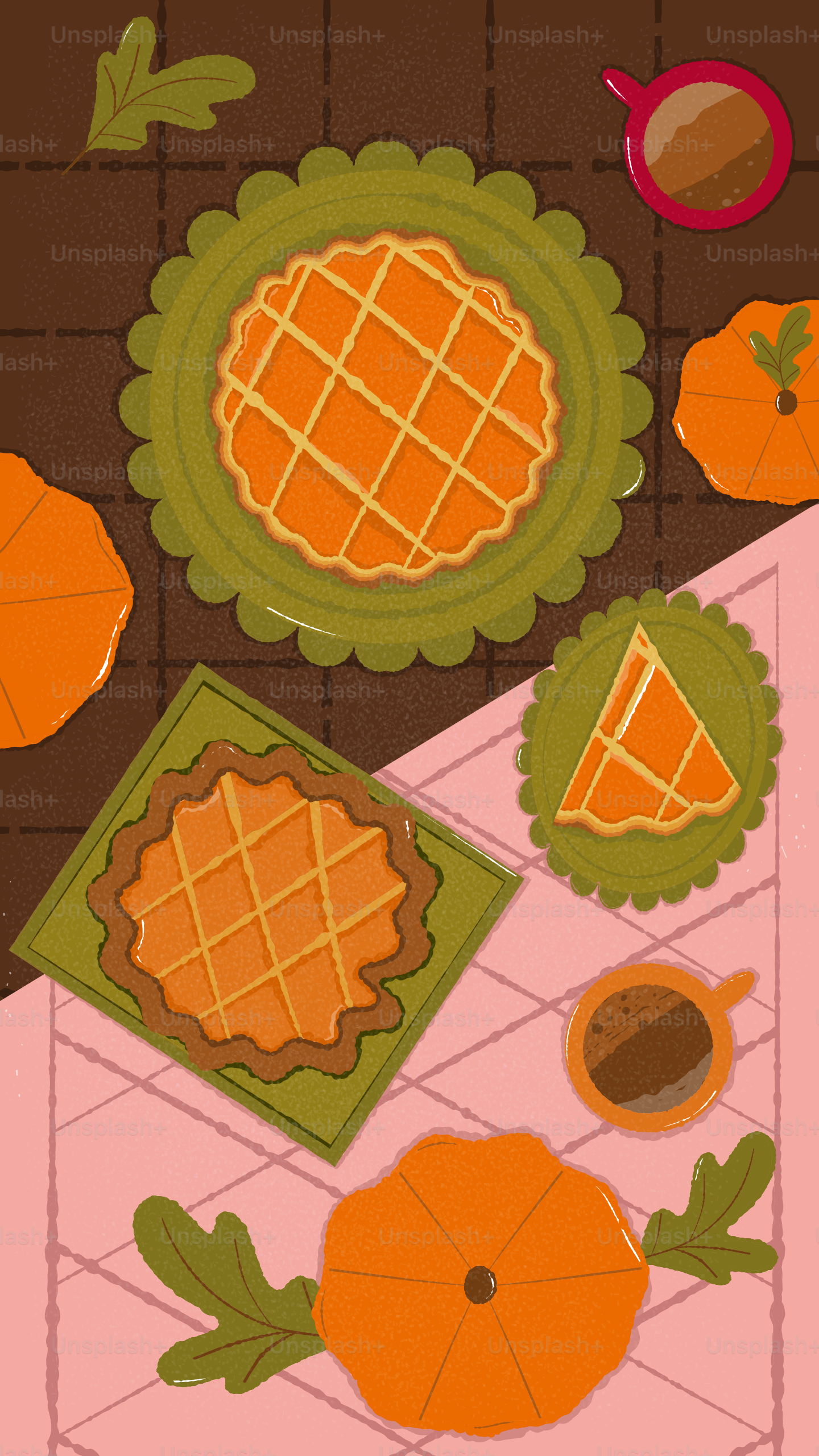 Deux tartes, des citrouilles et des tasses à café sur une table