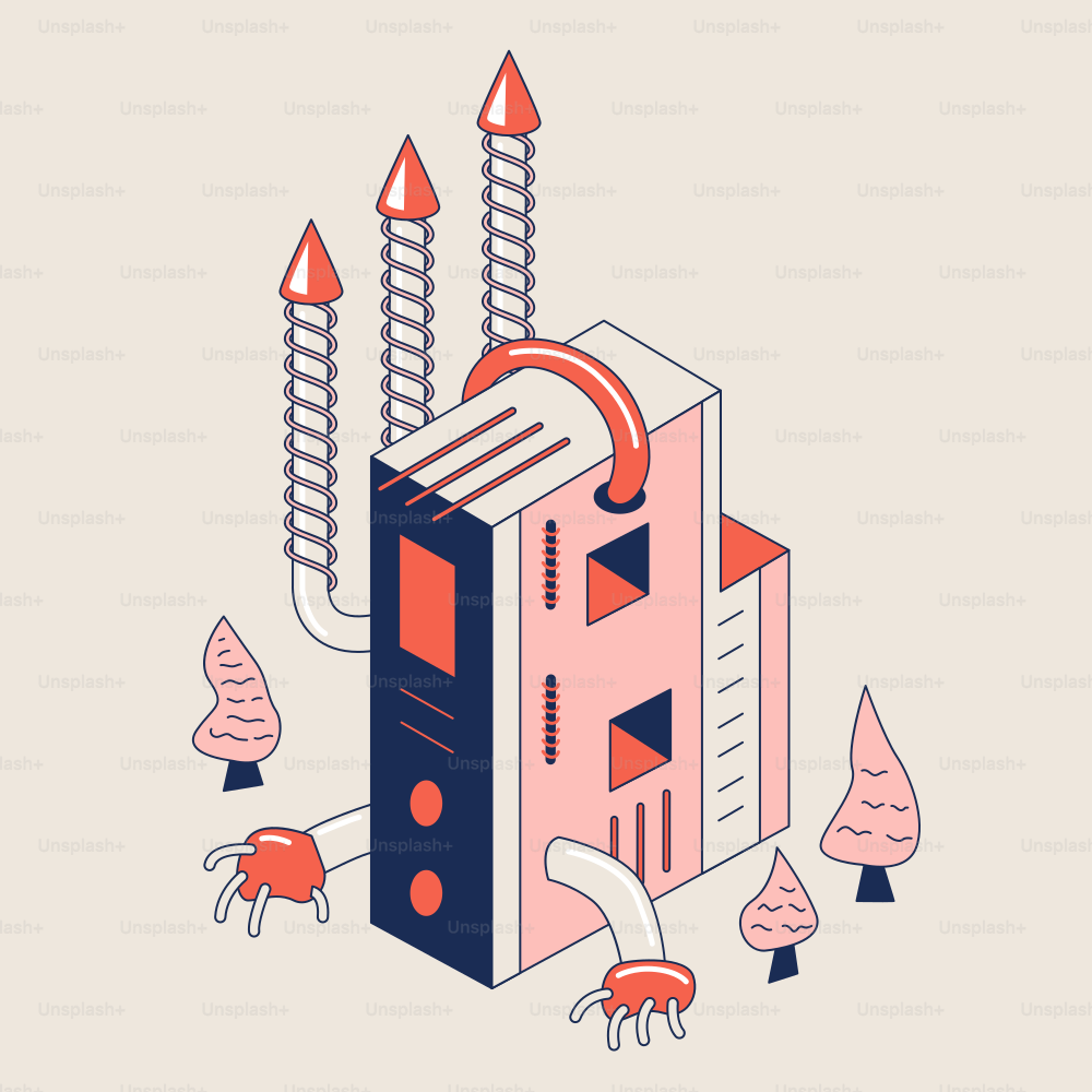 Edificio isométrico estilizado con elementos surrealistas