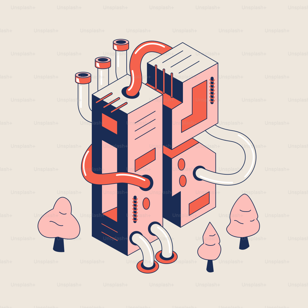 Struttura industriale astratta rosa e blu con alberi