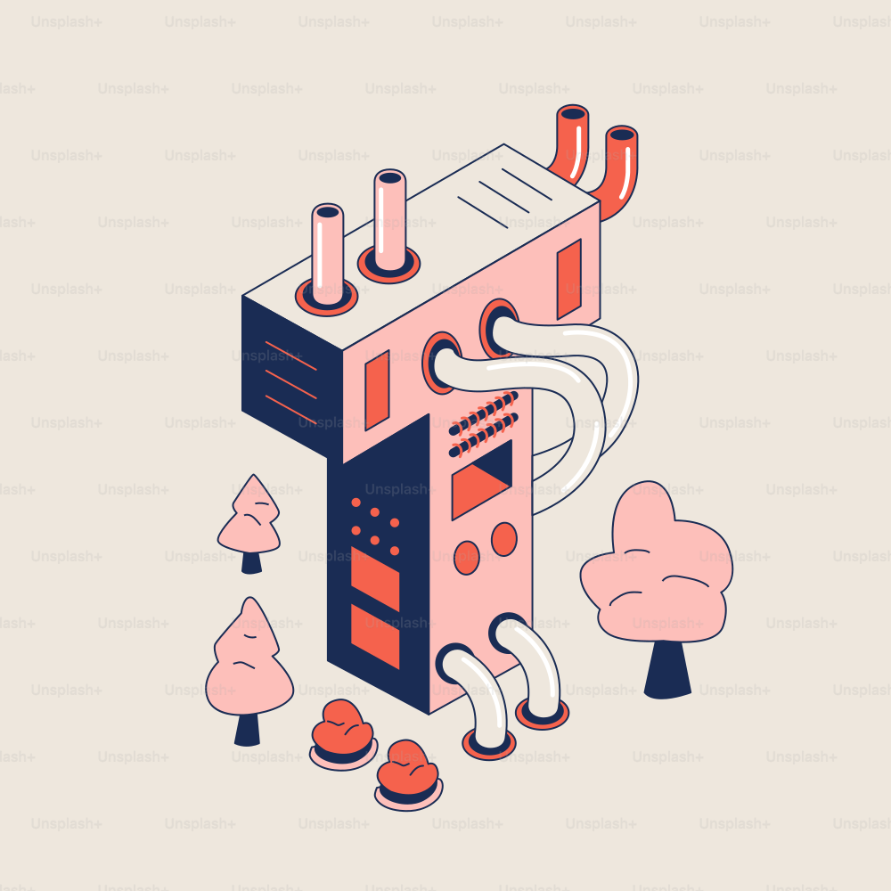 Isometric factory building with stylized trees and pipes.