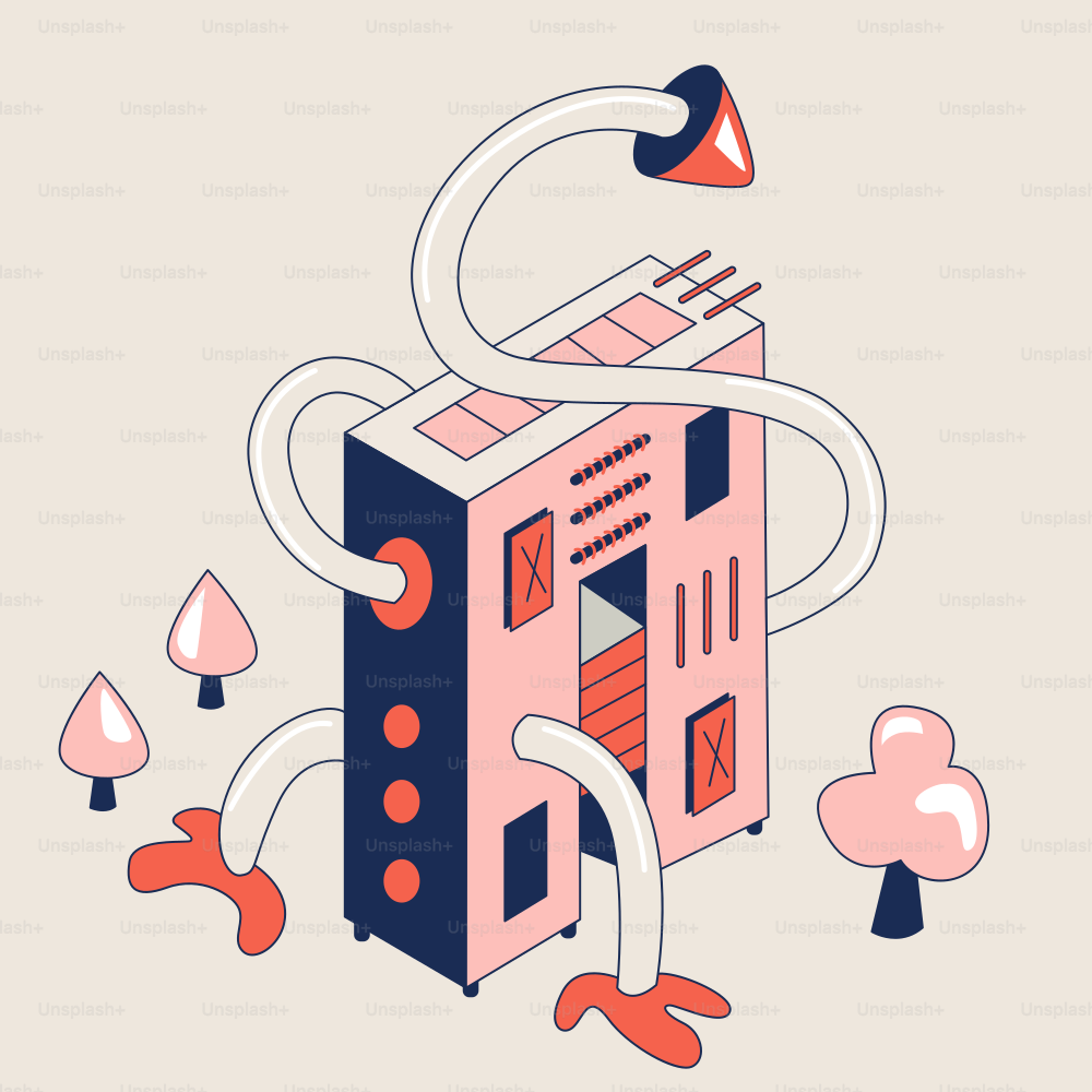 Abstract pink robot with tubes and trees