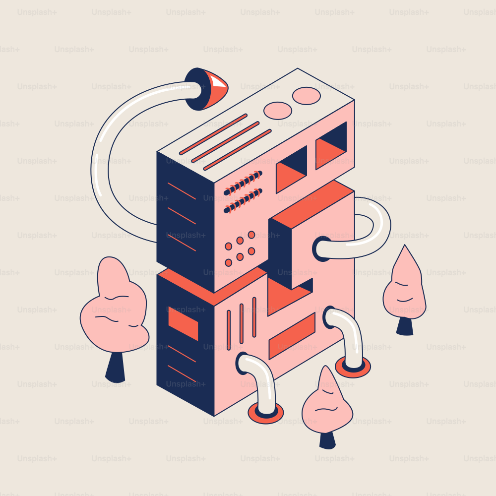 Robot isometrico astratto con alberi rosa