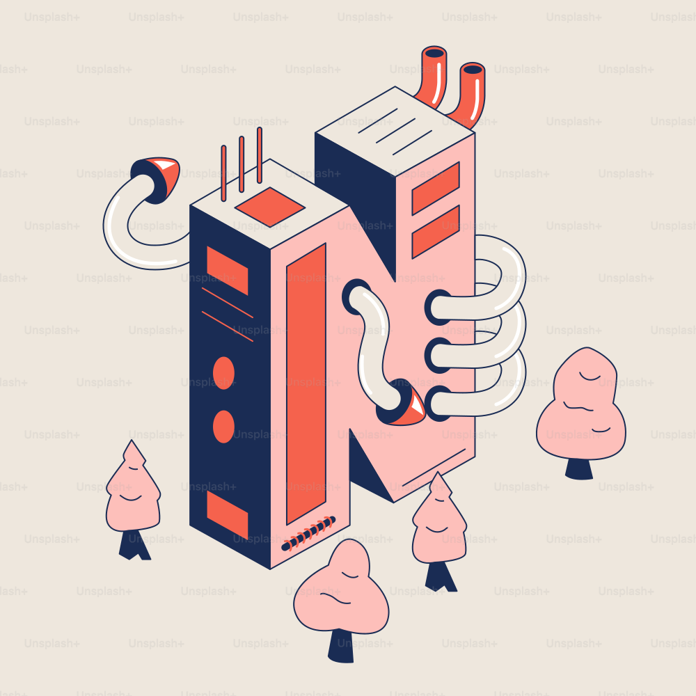 Edificio stilizzato con la lettera n con tubi e alberi.