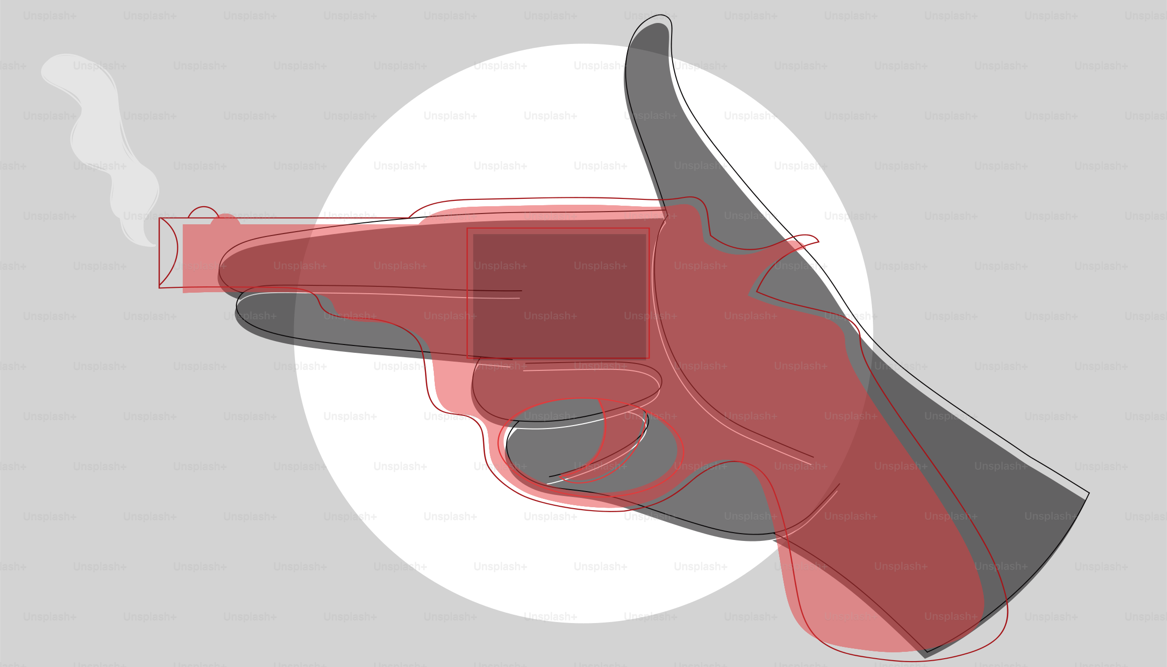 Hand hält eine rauchende Waffe mit einem weißen Kreis