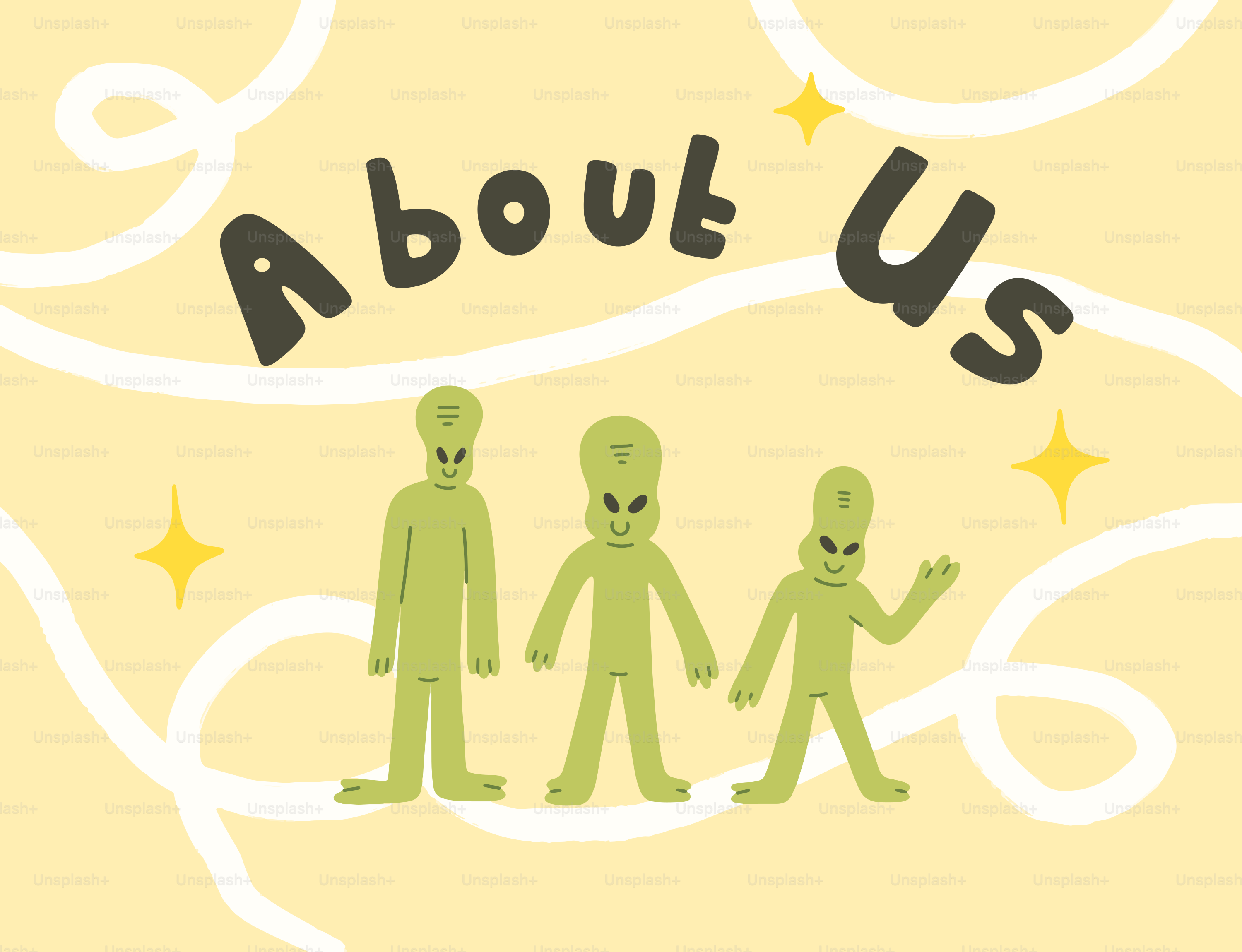 Three cartoon aliens with the words about us