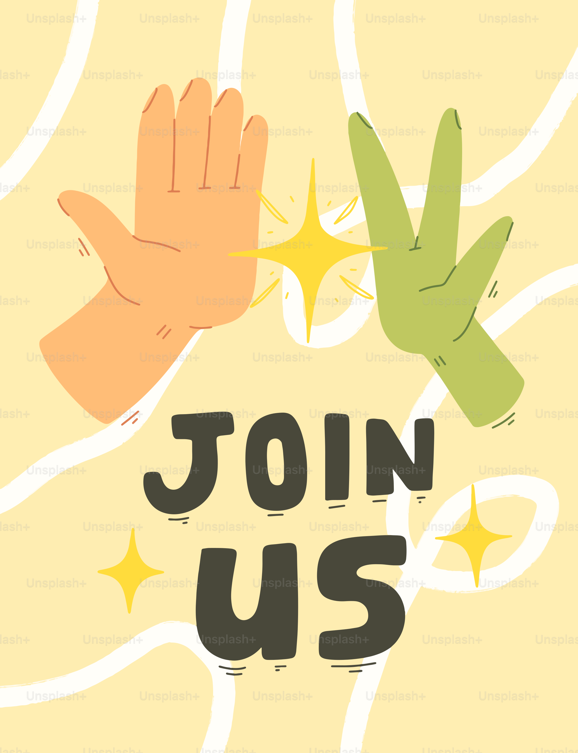 Two hands reaching out with "join us" text.