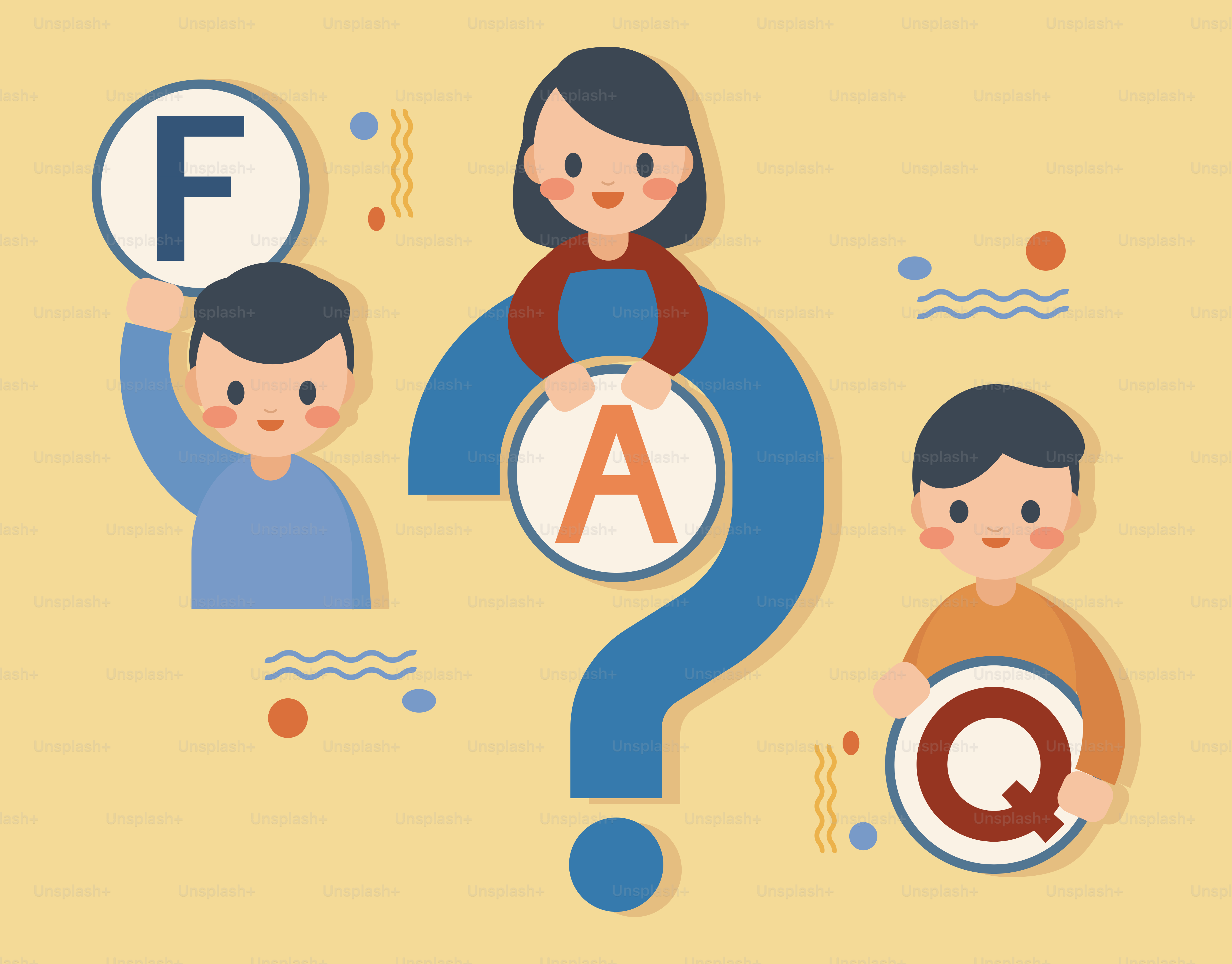 People holding letters f, a, q around a question mark.