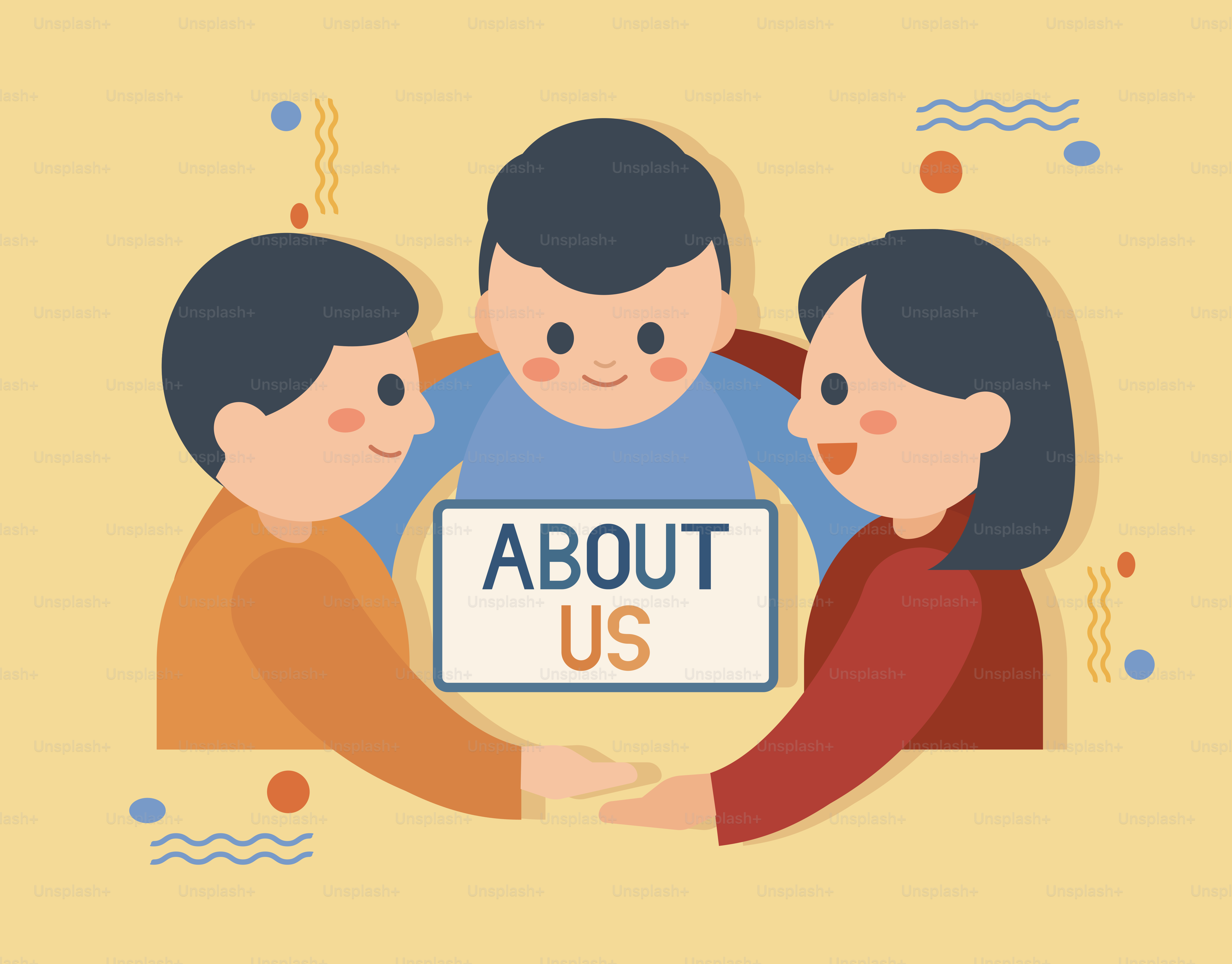 Three people holding hands with 'about us' sign.