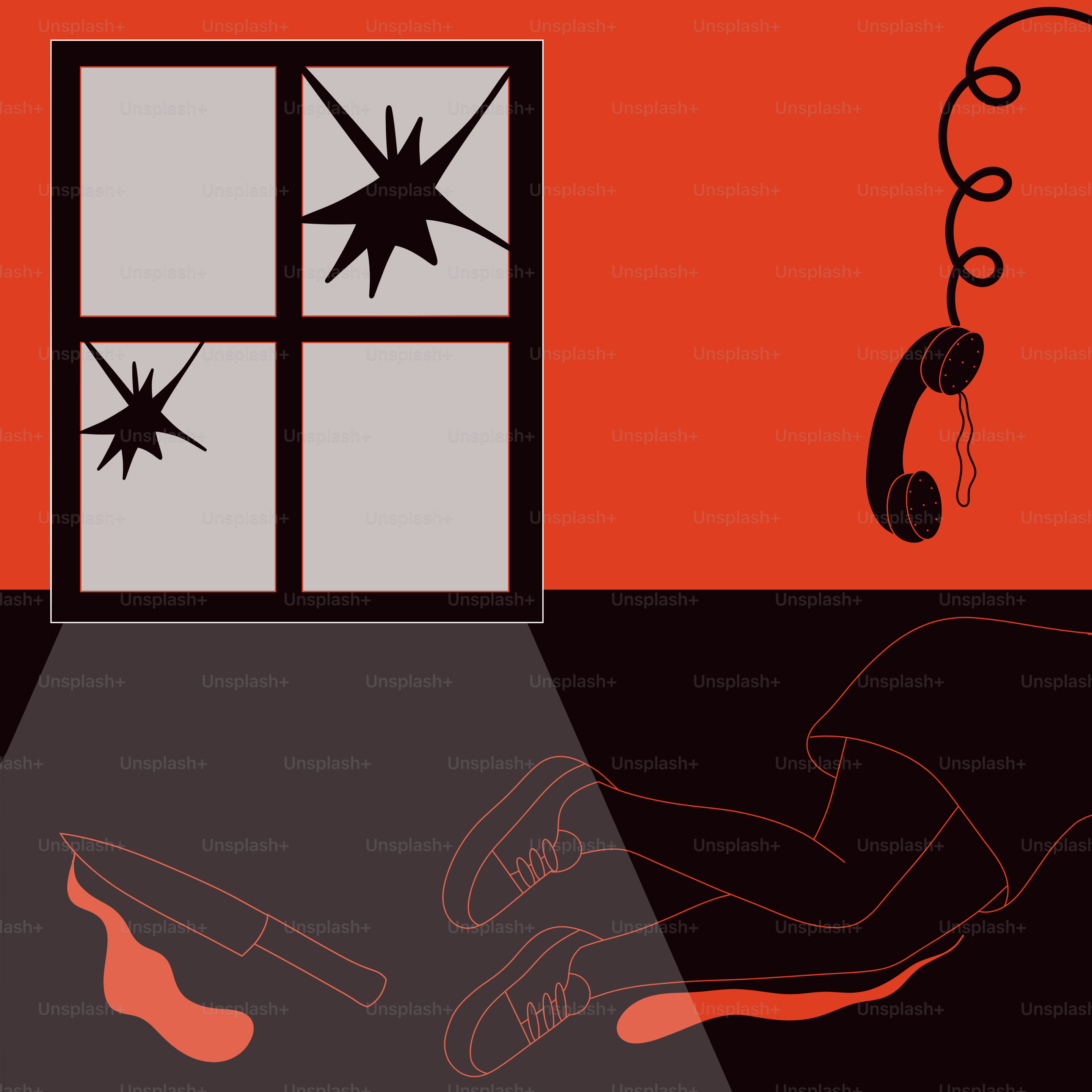 Zerbrochenes Fenster, Messer und gefallene Person mit Telefon.