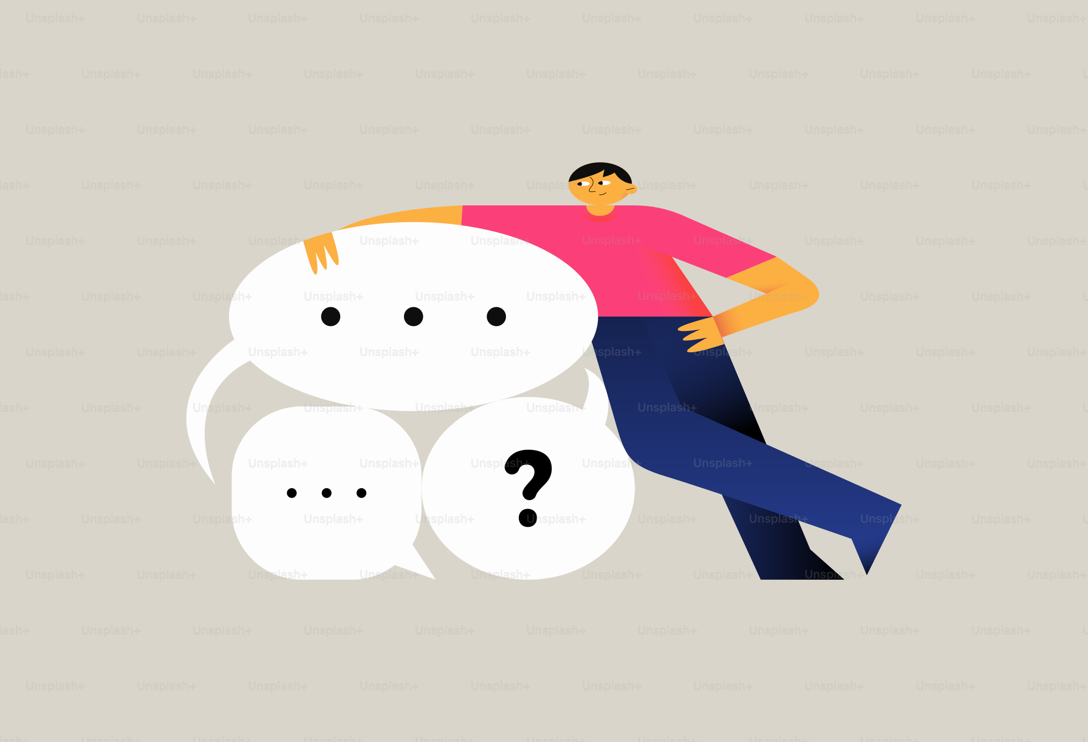 Un homme appuyé sur des bulles de dialogue avec un point d’interrogation.