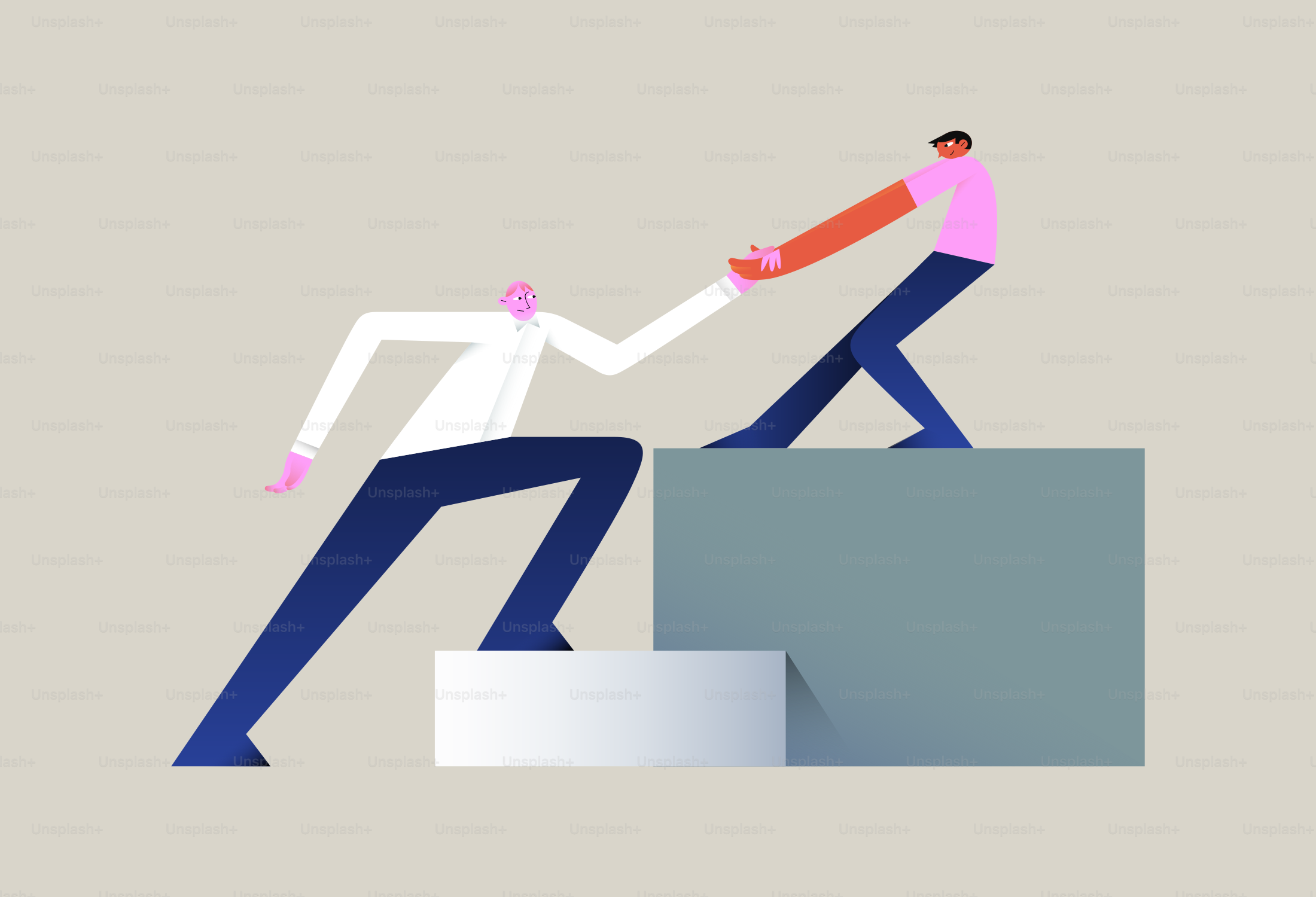 One person helps another climb up a step.