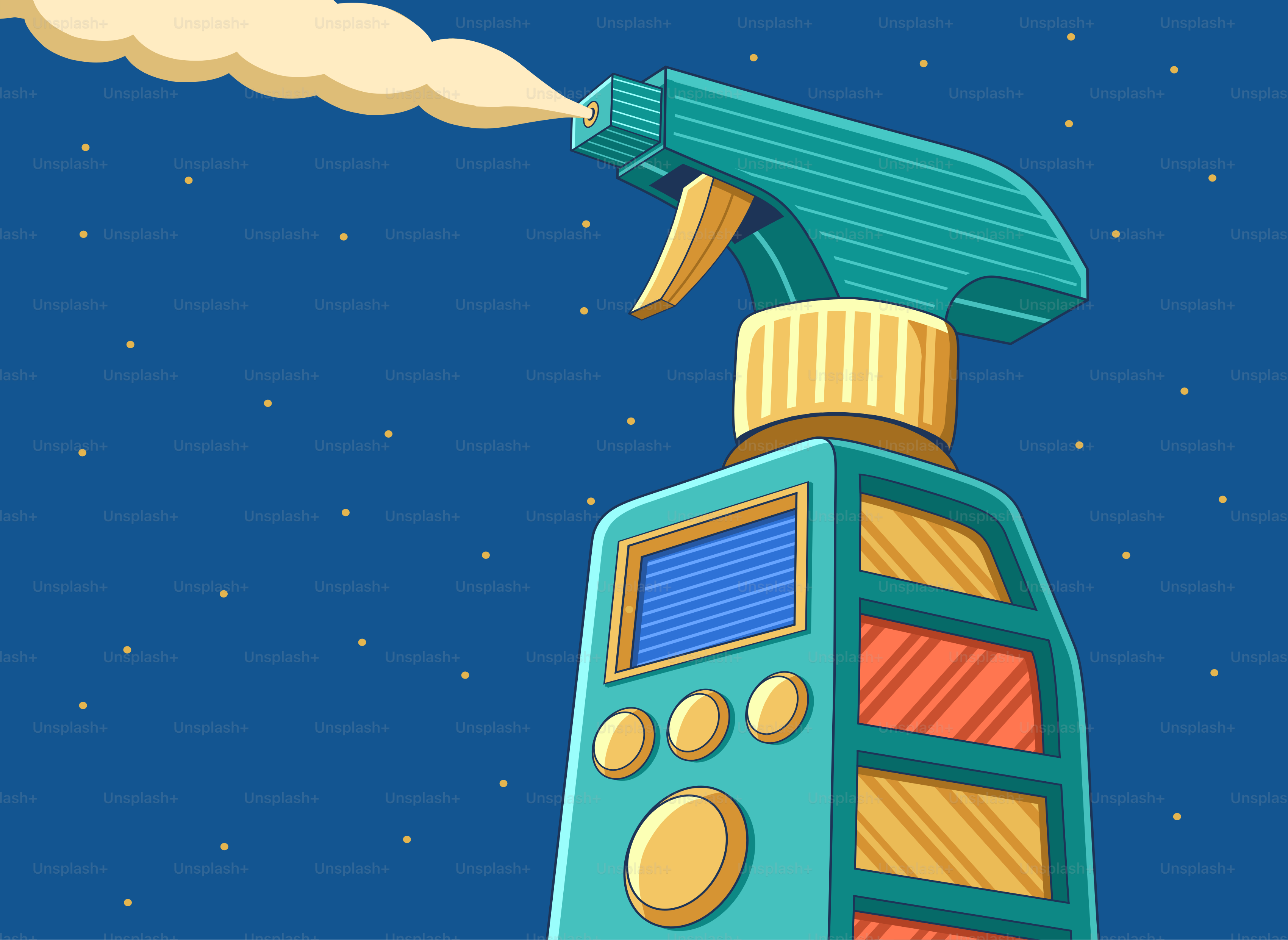 A spray bottle emits a cloud of mist.