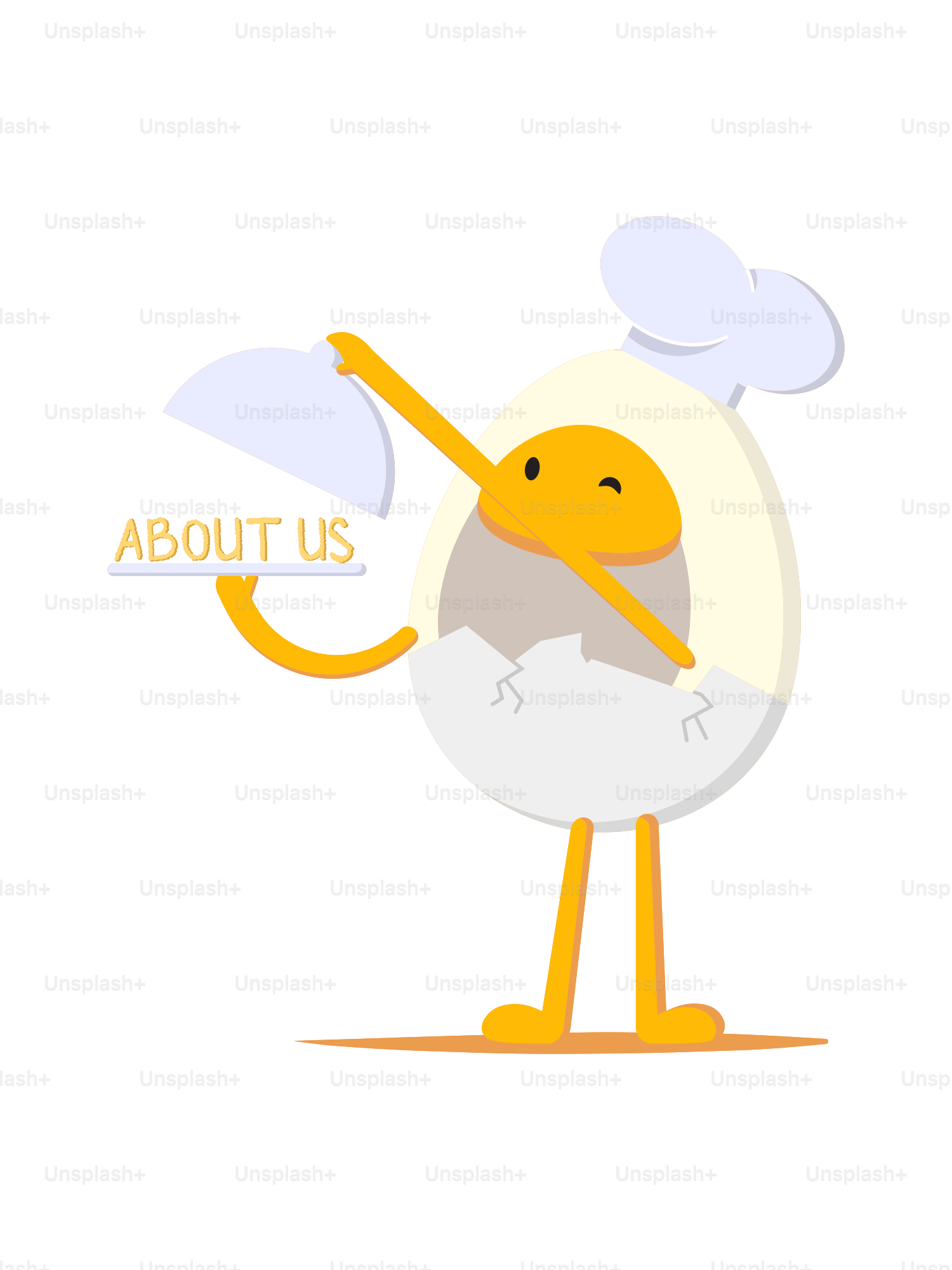Chef egg holding a tray with 'about us'