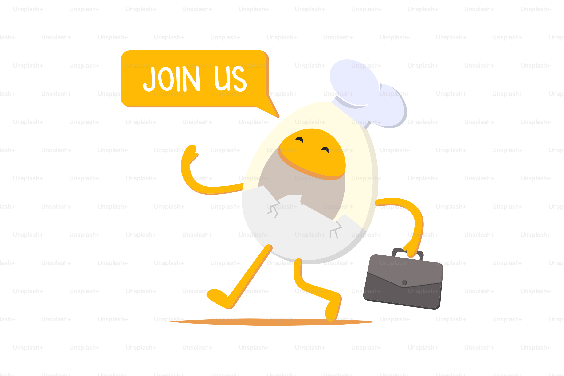 Cartoon egg character in chef hat carrying briefcase
