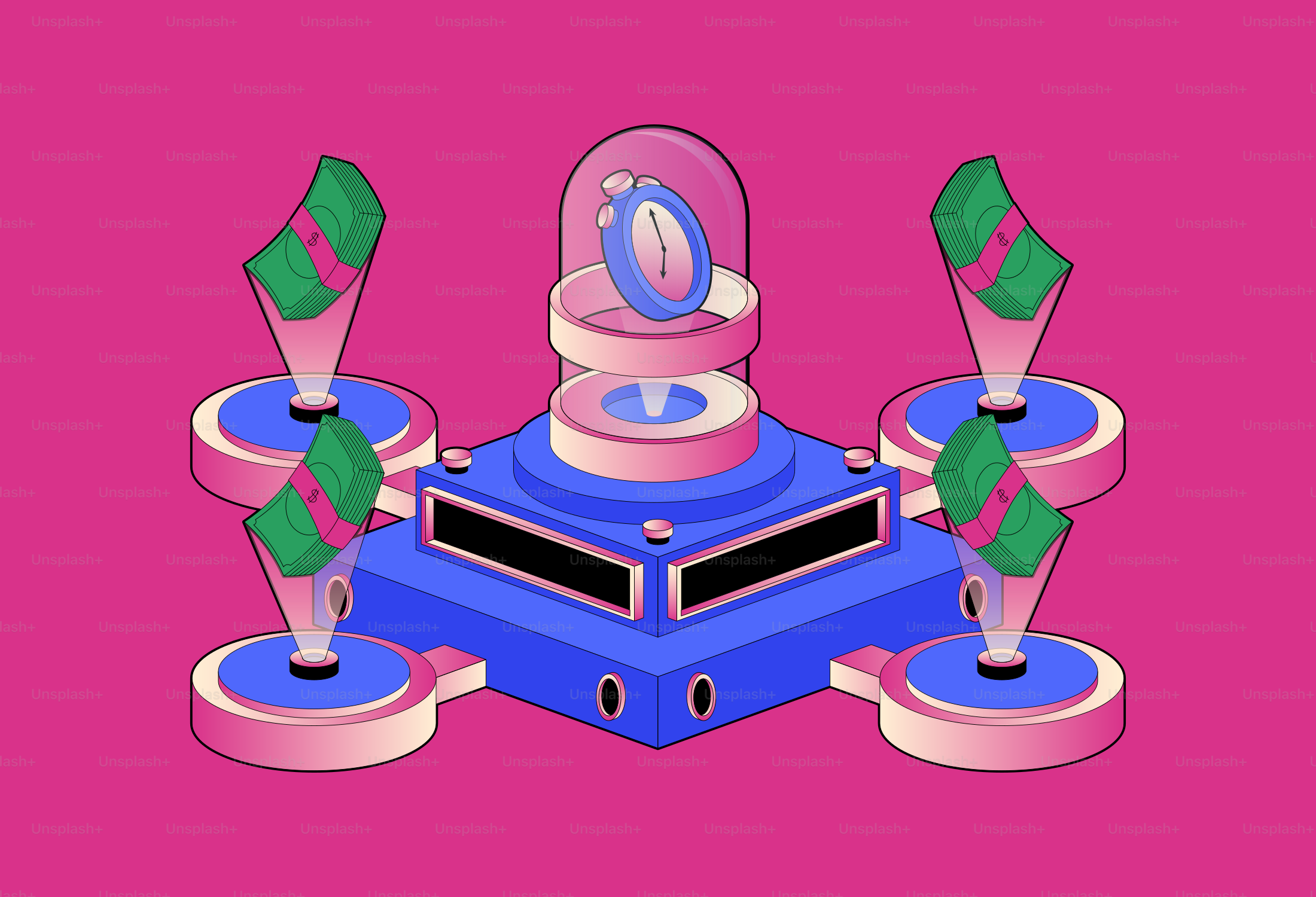 Abstract futuristic machine with money and clock