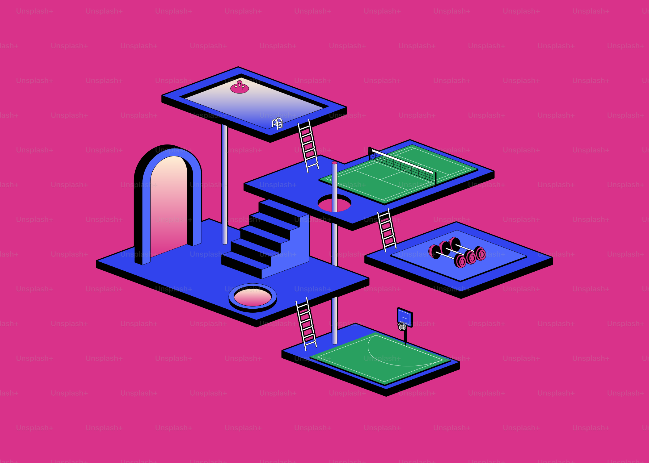 Isometric multi-level sports complex with various courts.