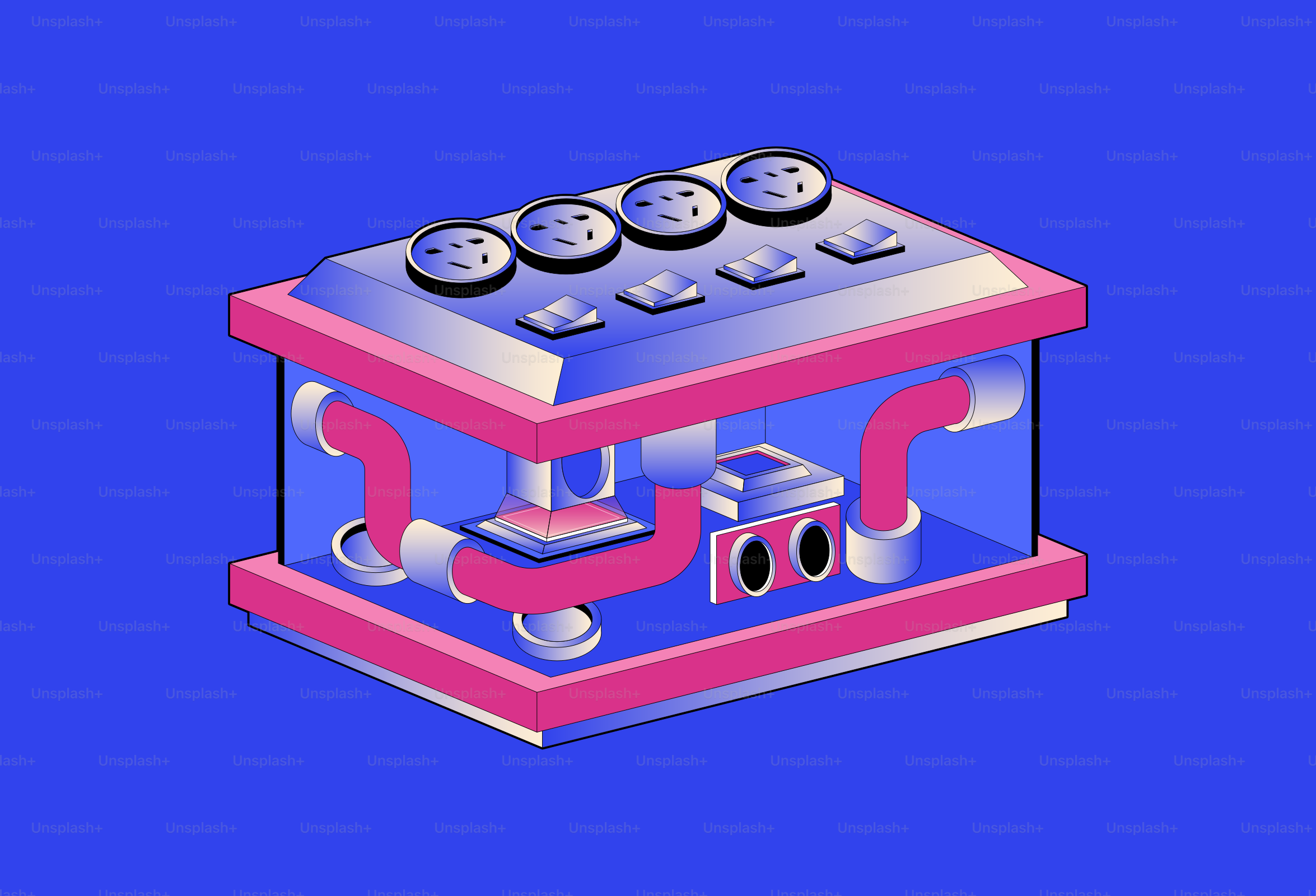 Abstract machine with pink and blue elements
