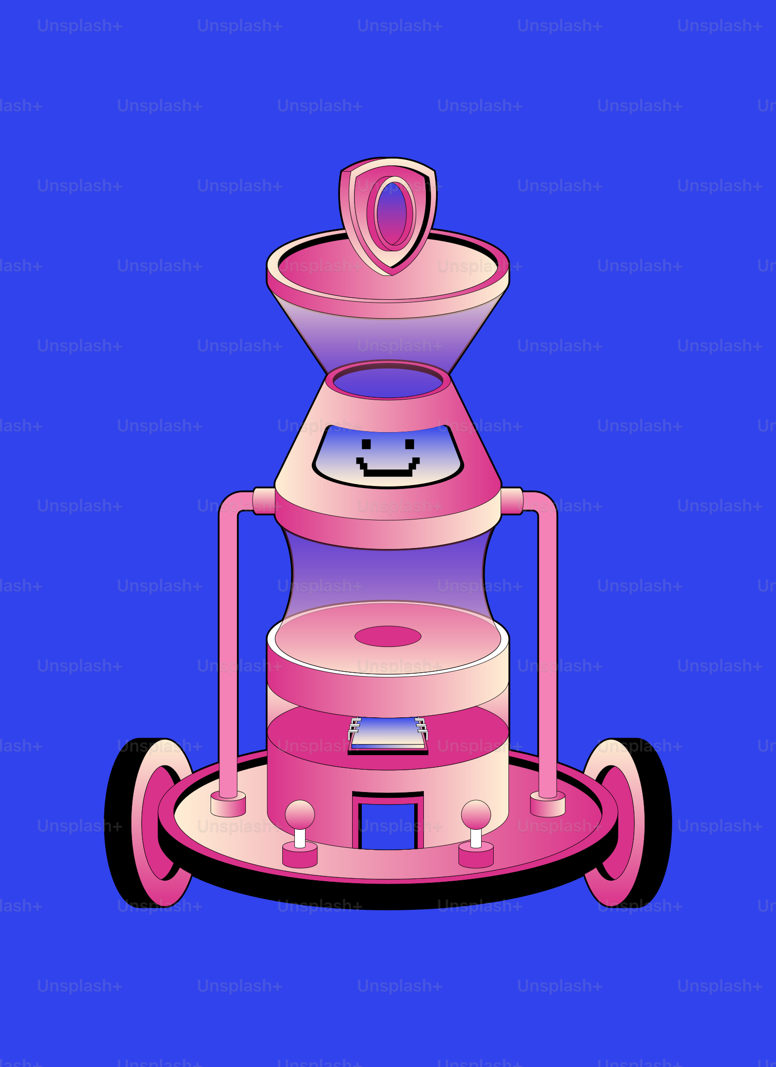 A pink robot with a smiley face on blue background