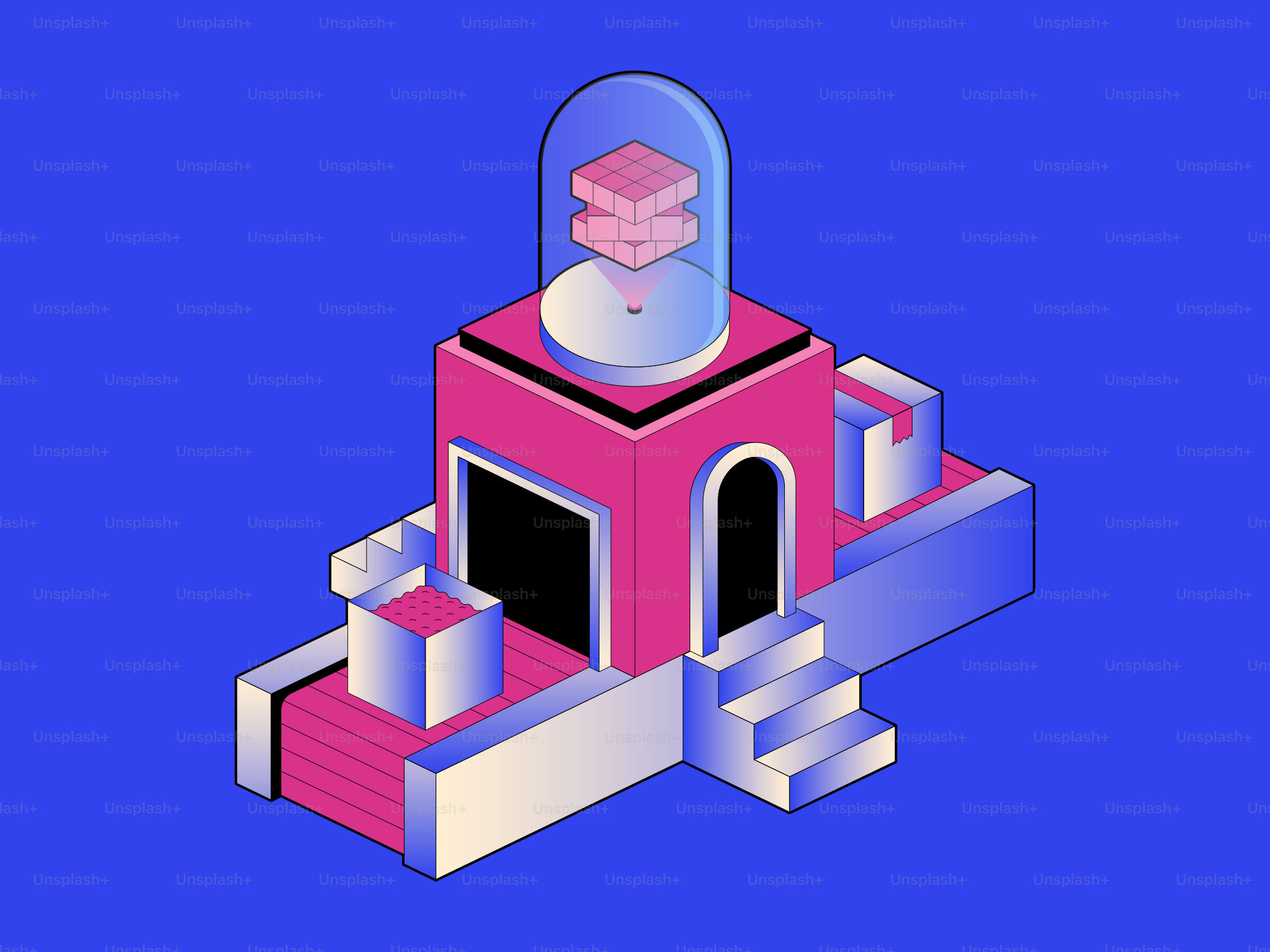 Abstract pink and blue geometric structure with glass dome