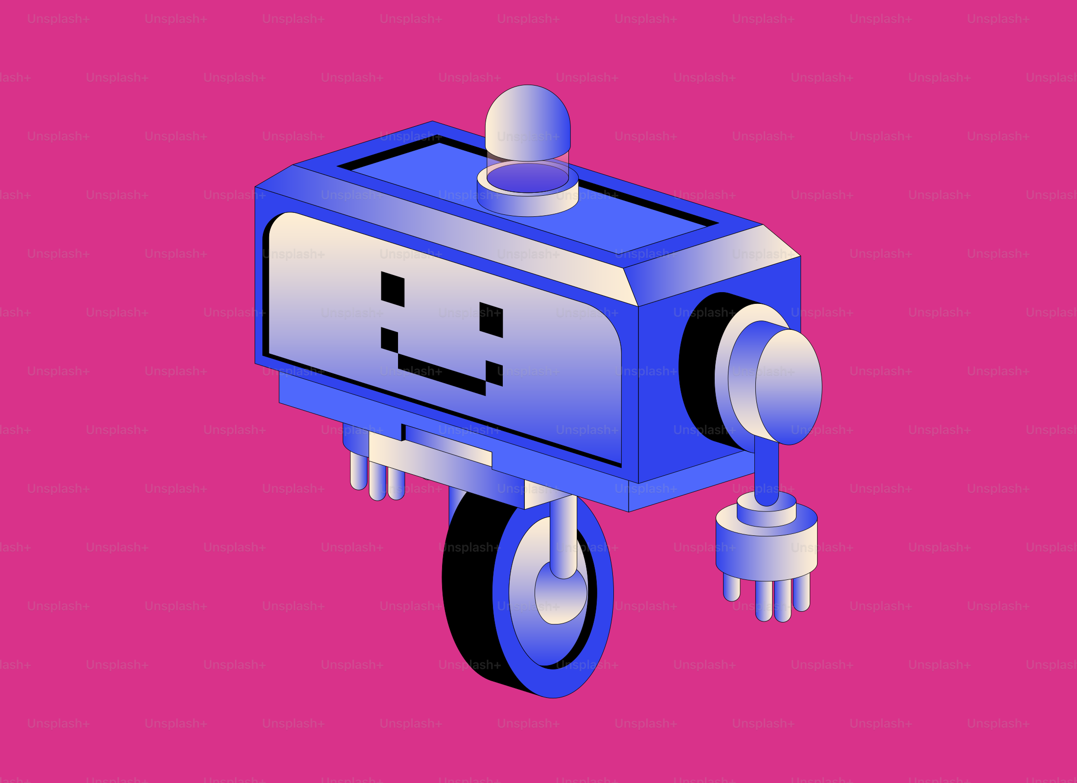 A blue robot with a smiley face on pink background