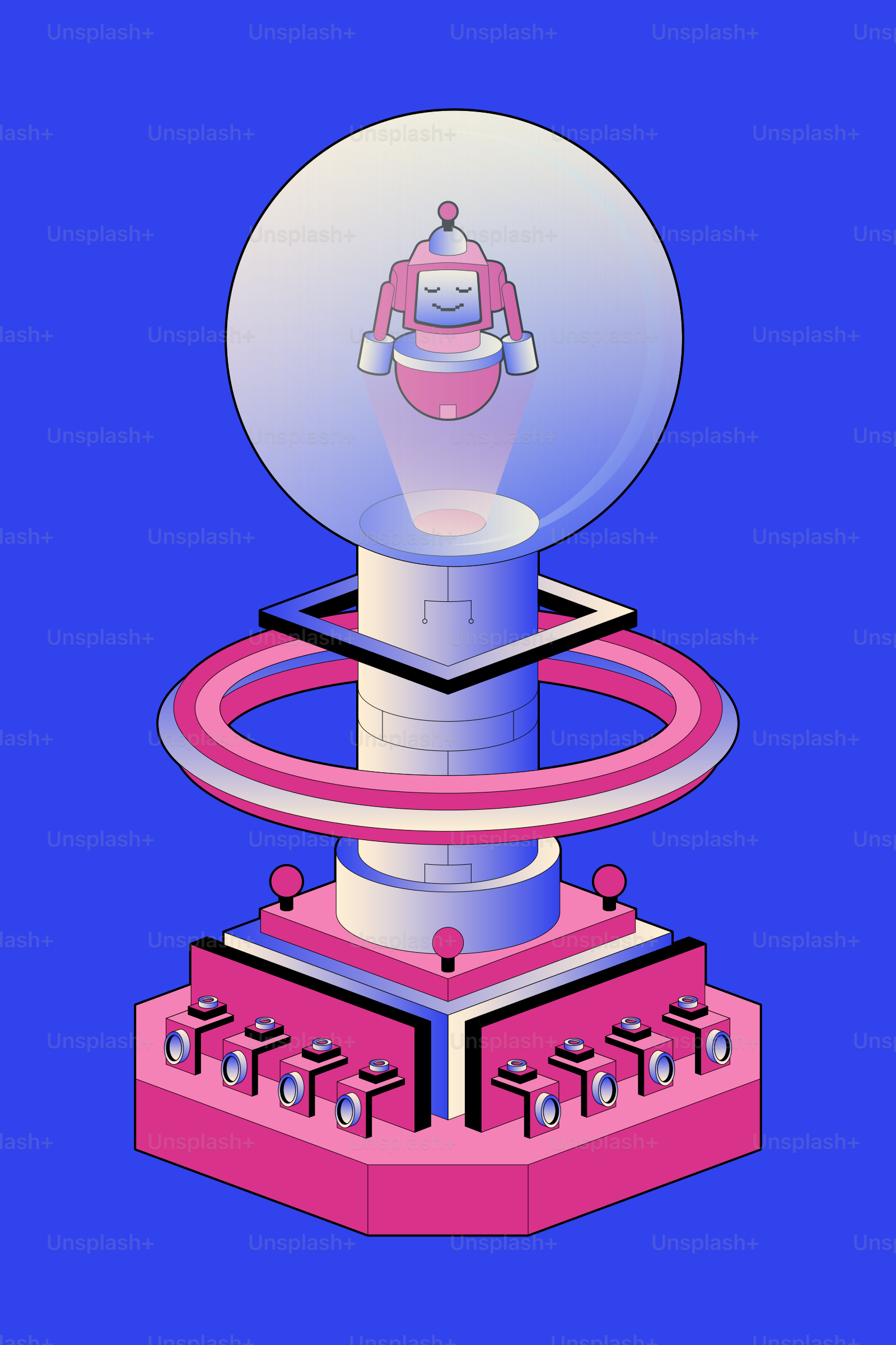 A futuristic orb with a robot inside on a pedestal.