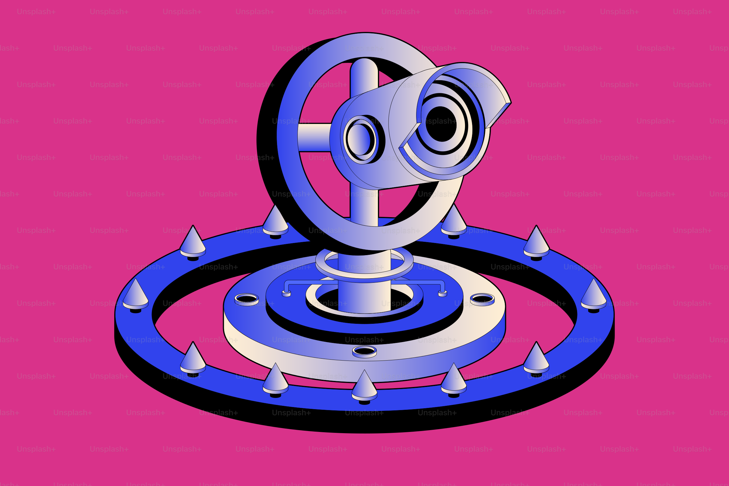 A futuristic security camera with spikes on a pink background