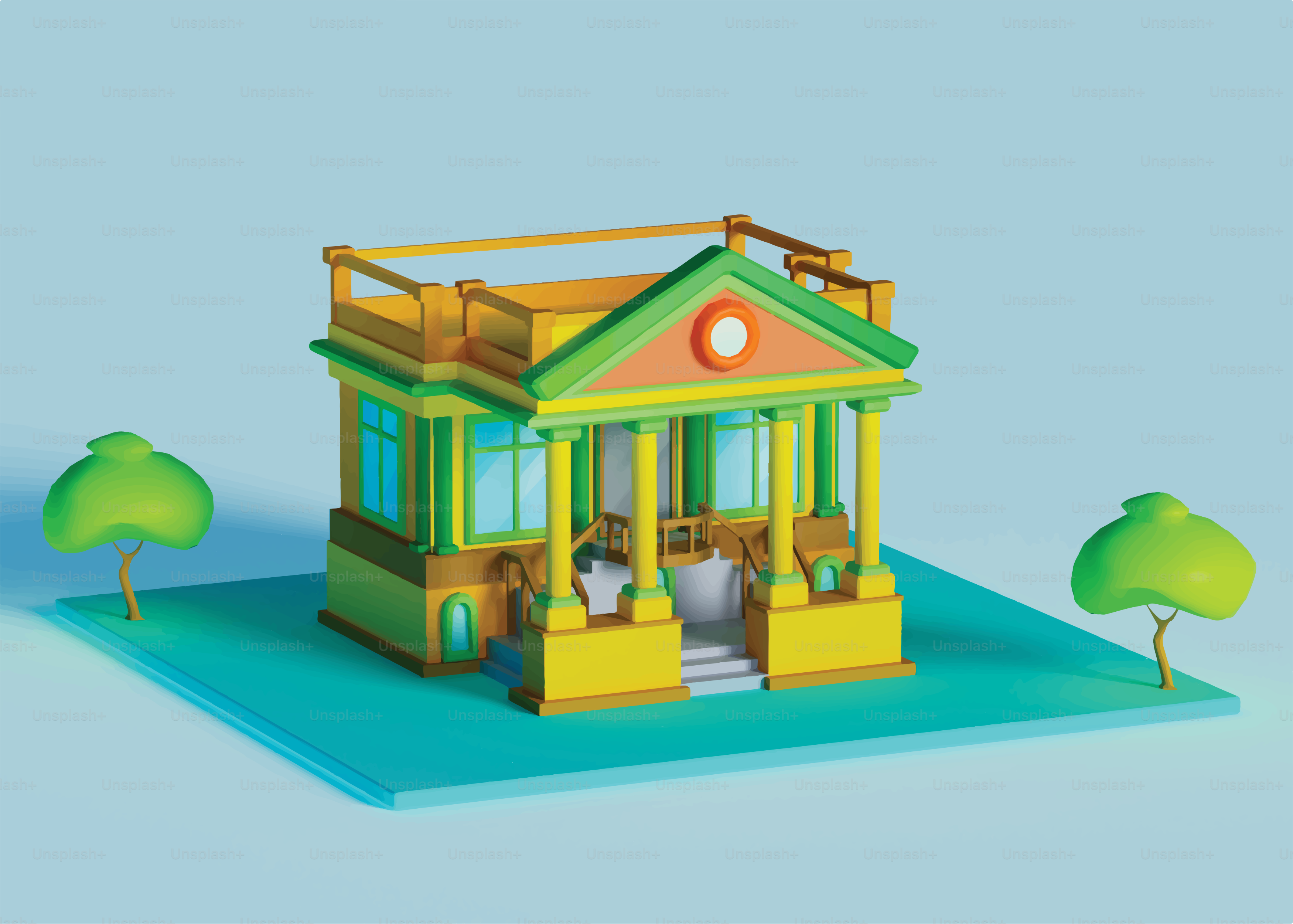 Casa colorata dei cartoni animati con due alberi su sfondo blu