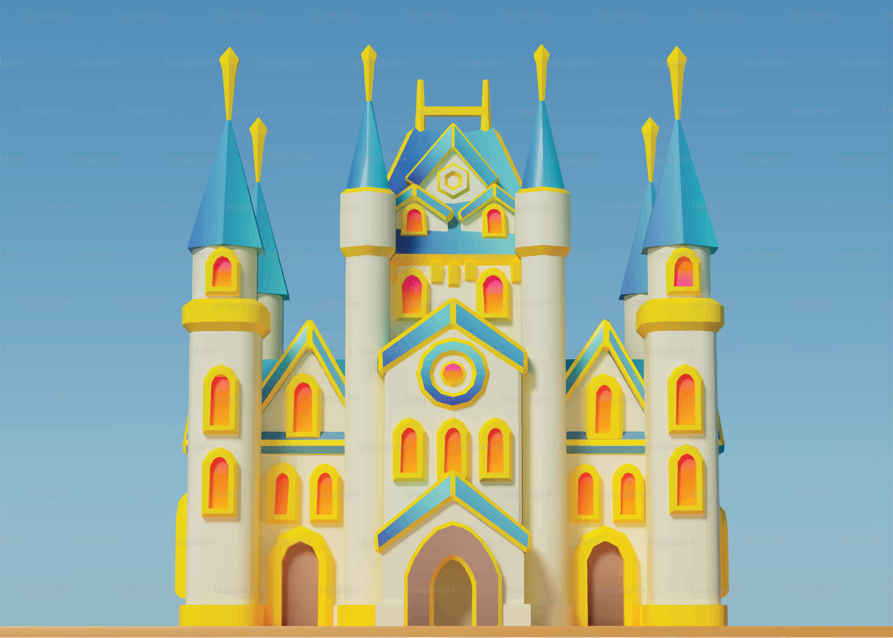 A whimsical, colorful castle against a blue sky.