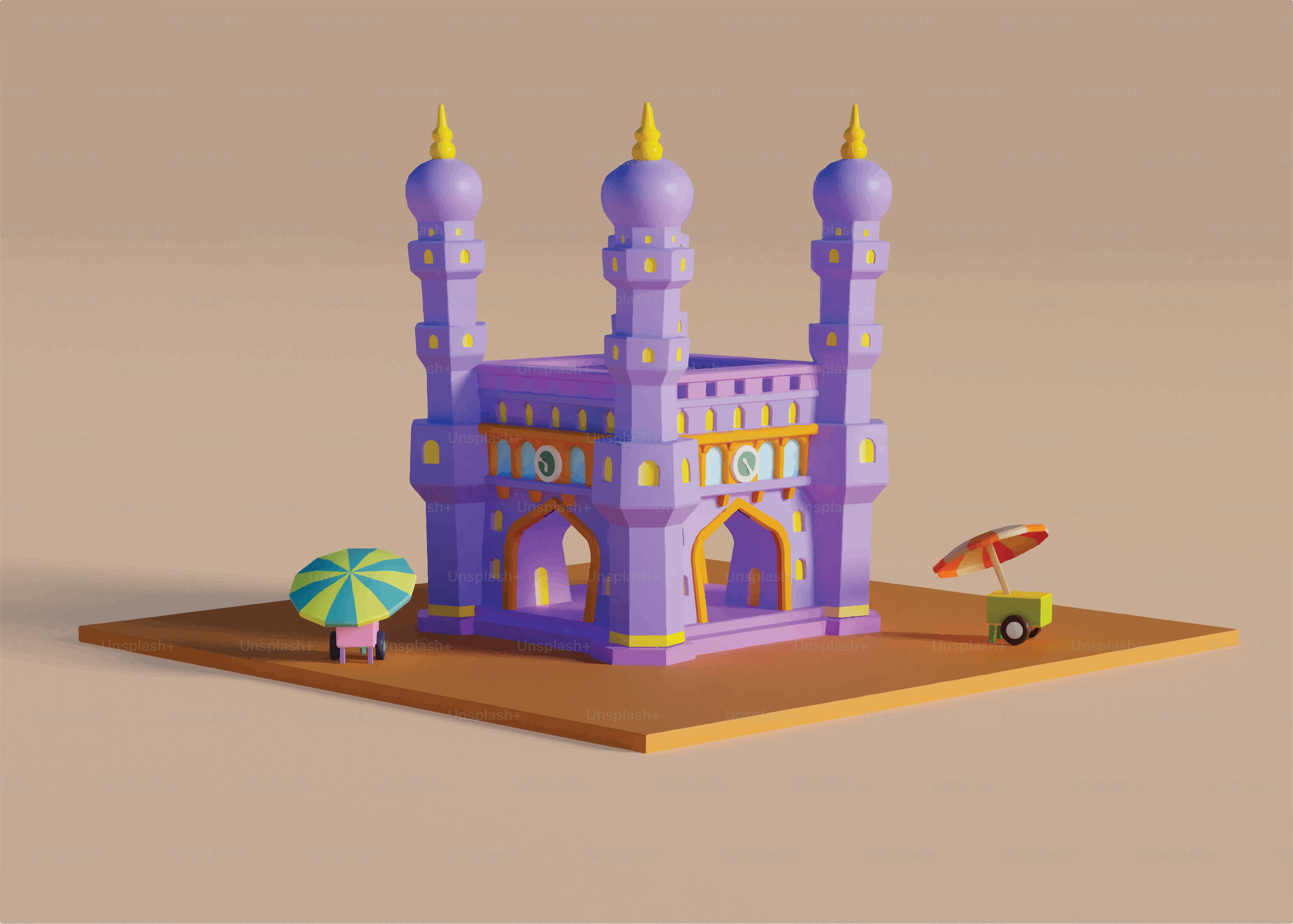 Purple mosque with umbrellas and cart