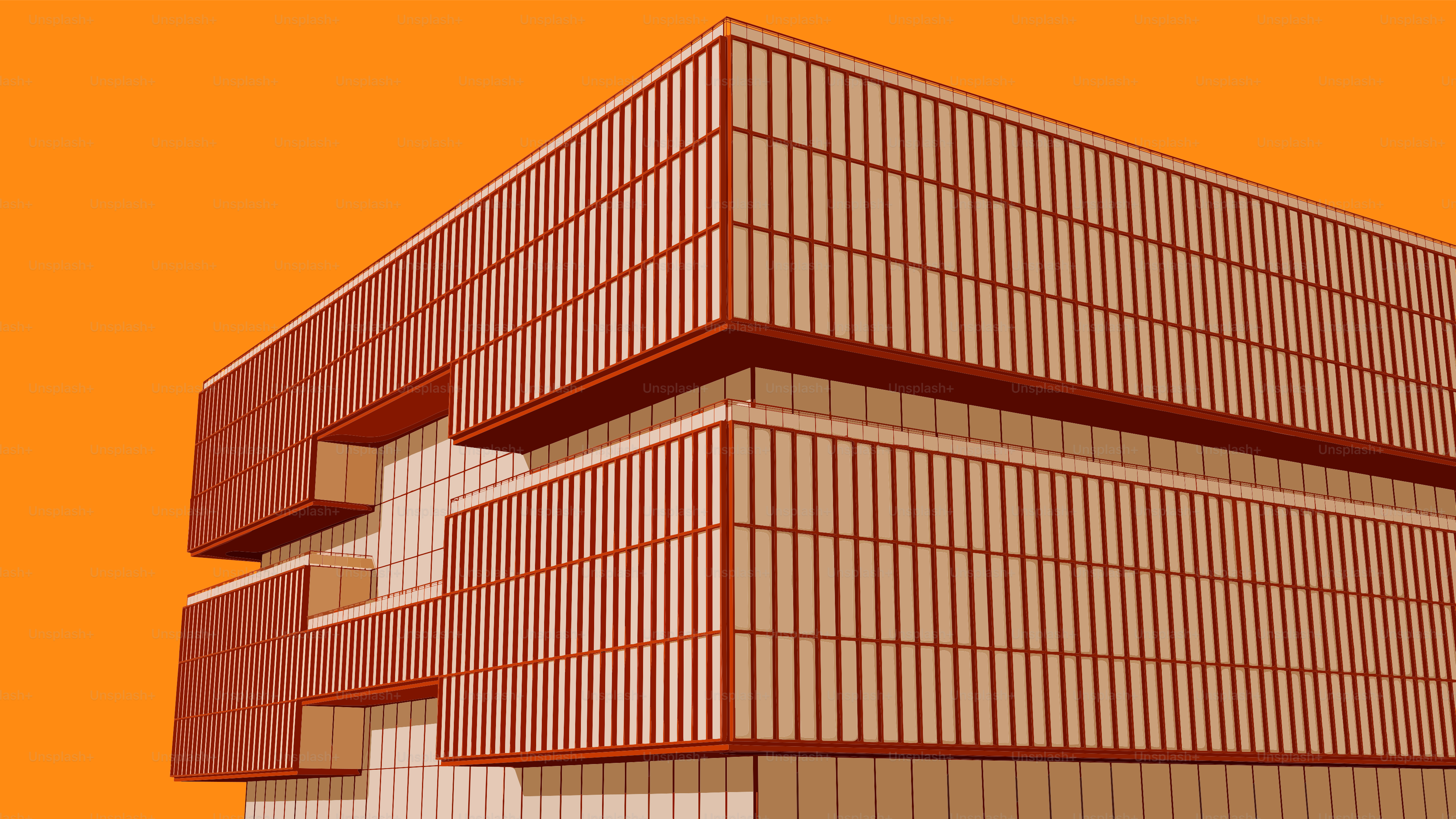 Modern building exterior against an orange sky