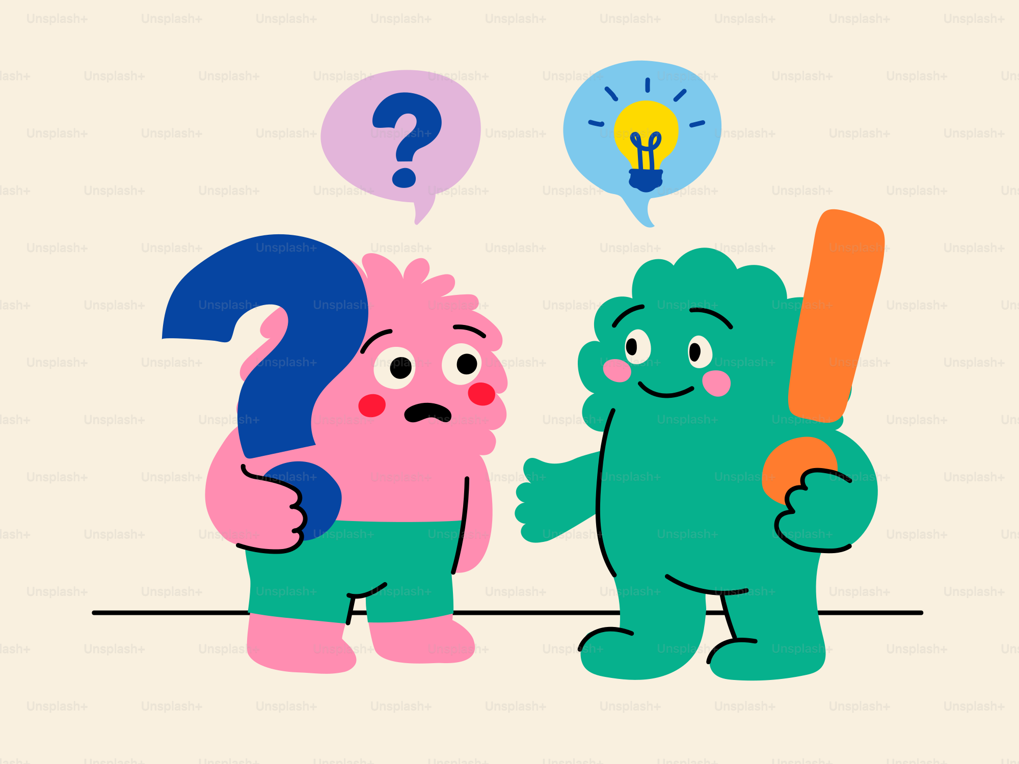 Dois monstros dos desenhos animados que discutem ideias com pergunta e ampola