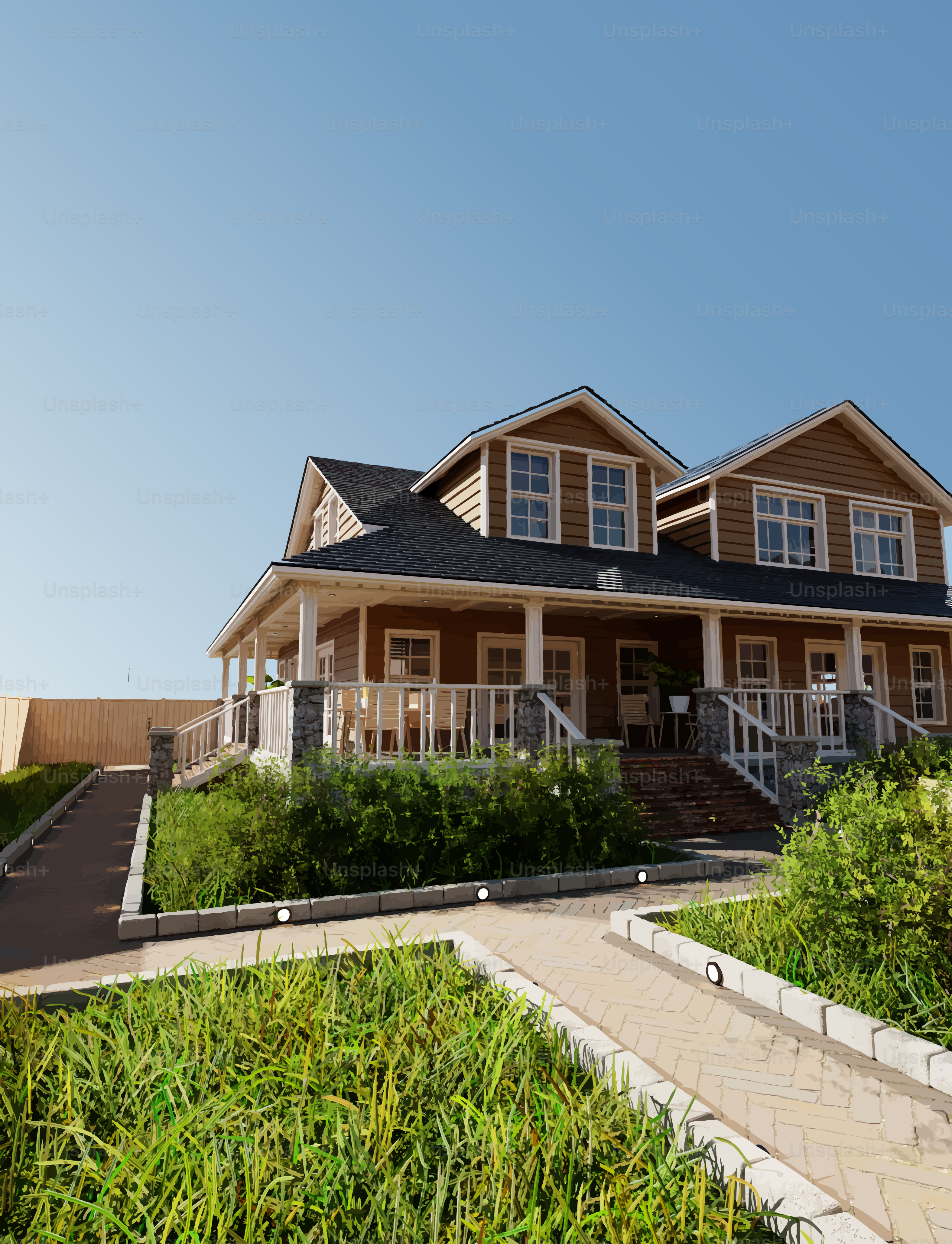 A large wooden house with a porch and garden.